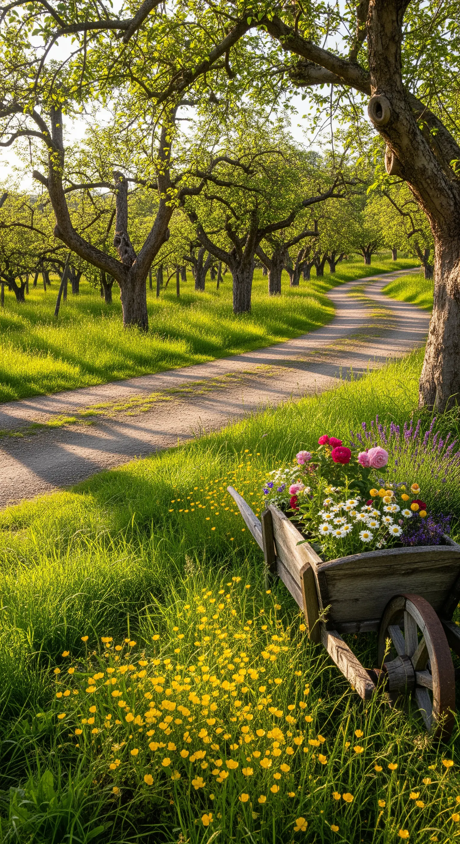 Holzschubkarre mit bunten Blumen am Graspfad unter Apfelbäumen