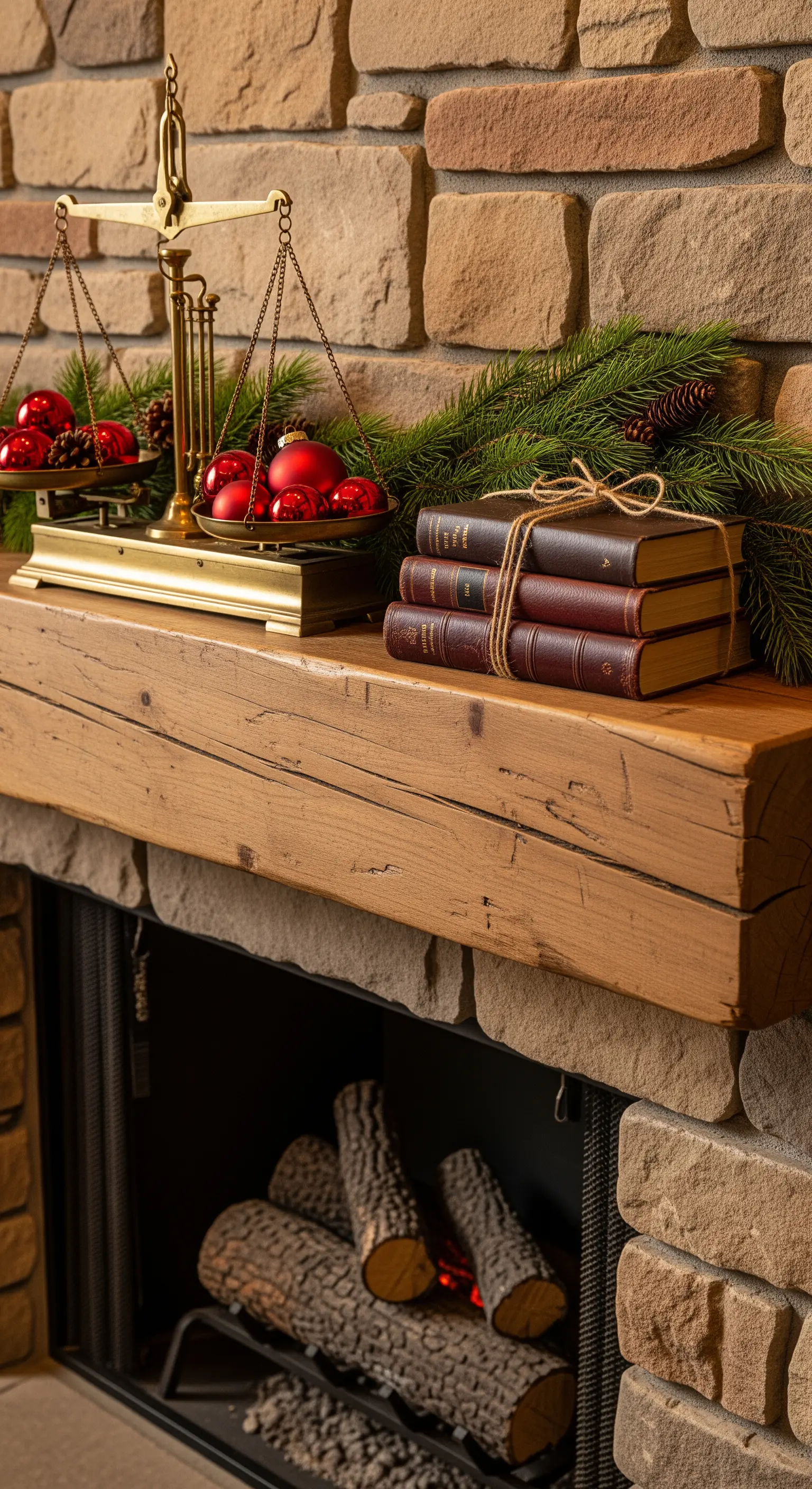 Messingwaage, rote Kugeln, gebundene Bücher auf Holzkamin