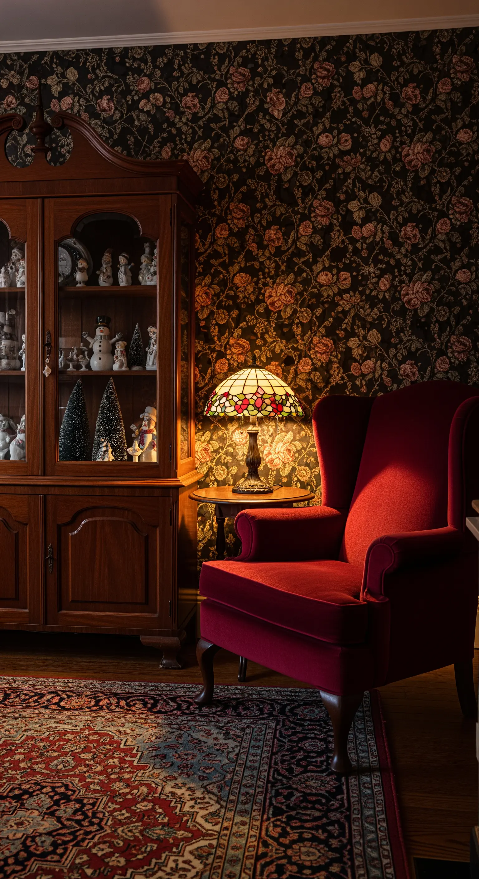 Nostalgisches Wohnzimmer mit dunkler Blumentapete, rotem Sessel, Tiffany-Lampe und Vitrine mit Weihnachtsdeko.