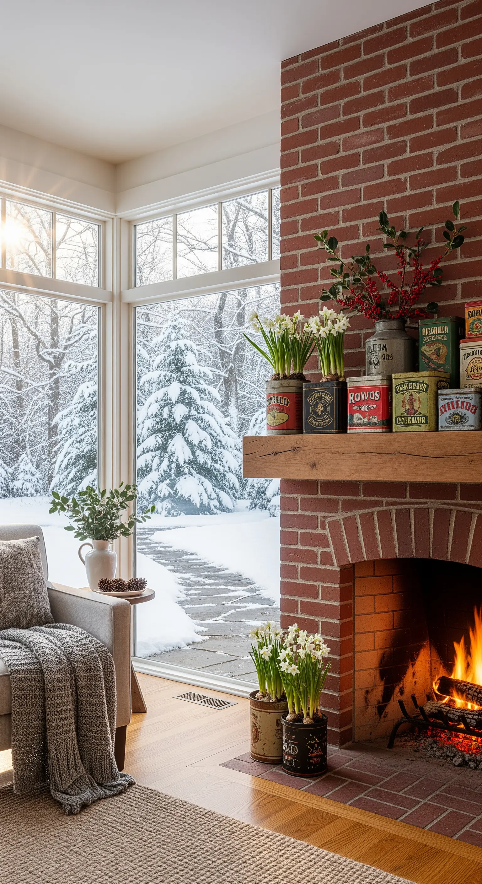 Vintage-Zinngefäße mit Frühlingsblumen auf Ziegelkamin