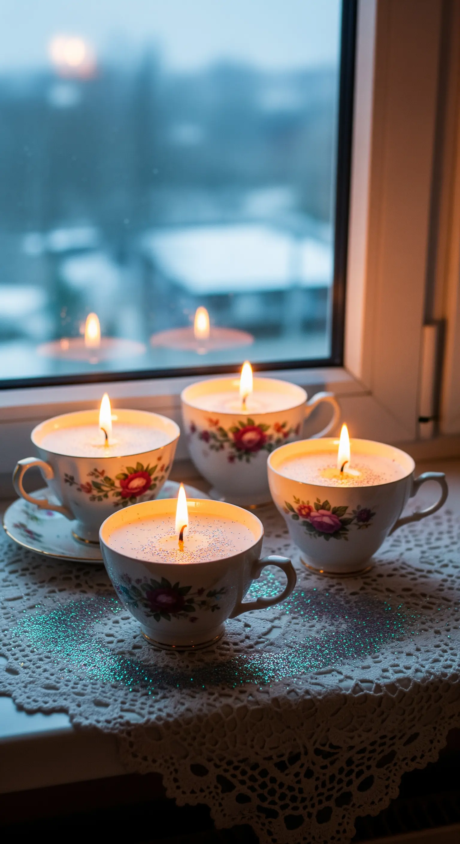DIY-Kerzen in blumigen Vintage-Teetassen auf einer Fensterbank mit Glitzer.