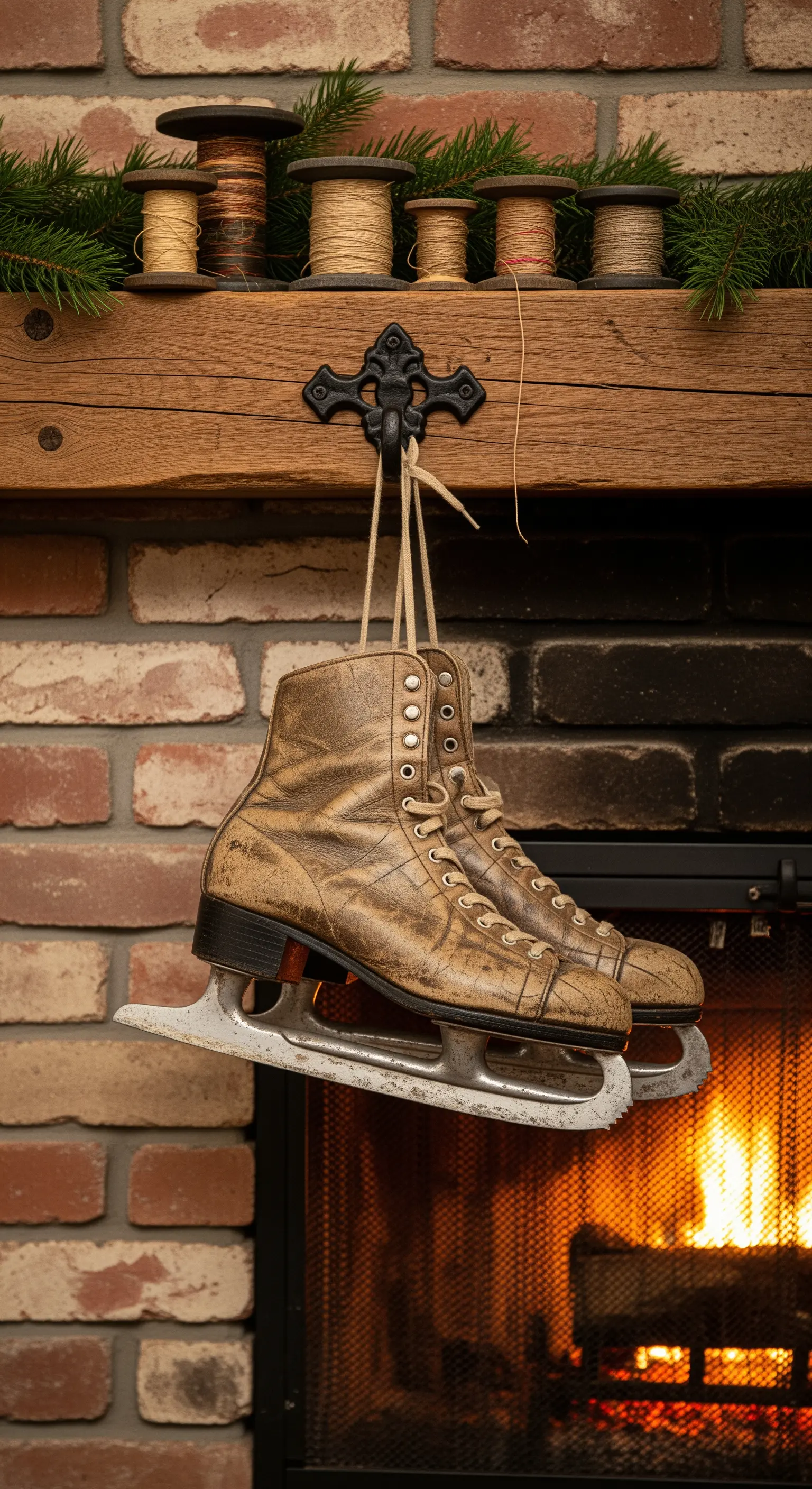 Vintage-Schlittschuhe und Holzspulen an Ziegelkamin