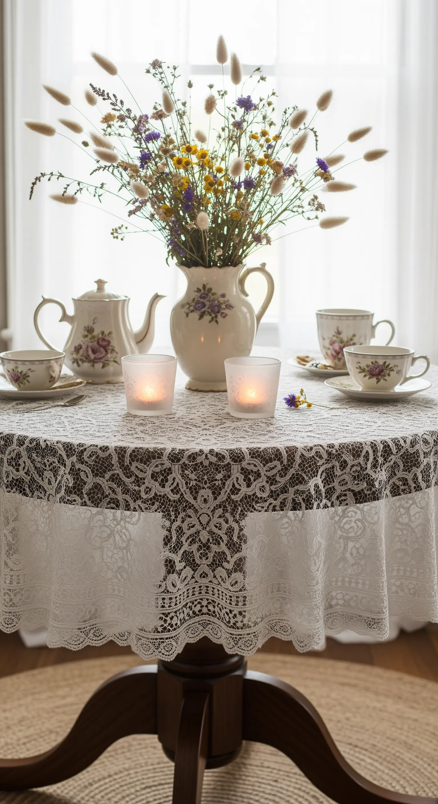 Vintage-Spitzendecke, Wildblumenstrauß in Porzellankanne, Teelichter für nostalgische Herbst-Kaffeetafel.