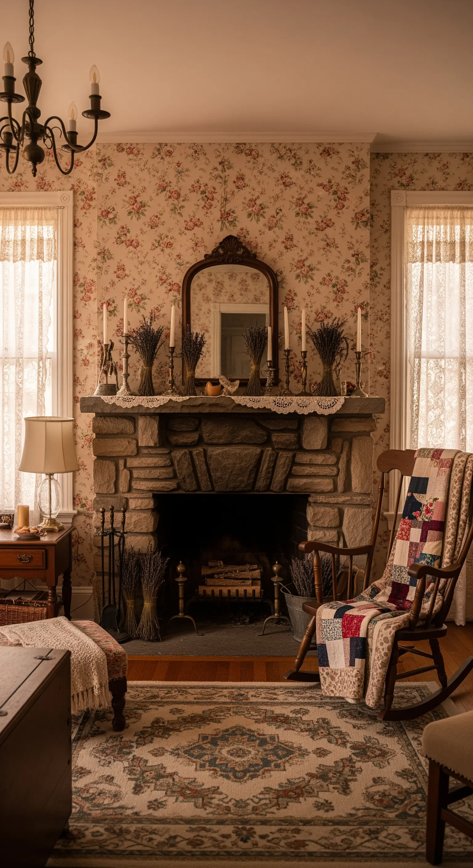 Vintage Wohnzimmer mit Blumentapete, Steinkamin und Schaukelstuhl mit Quilt