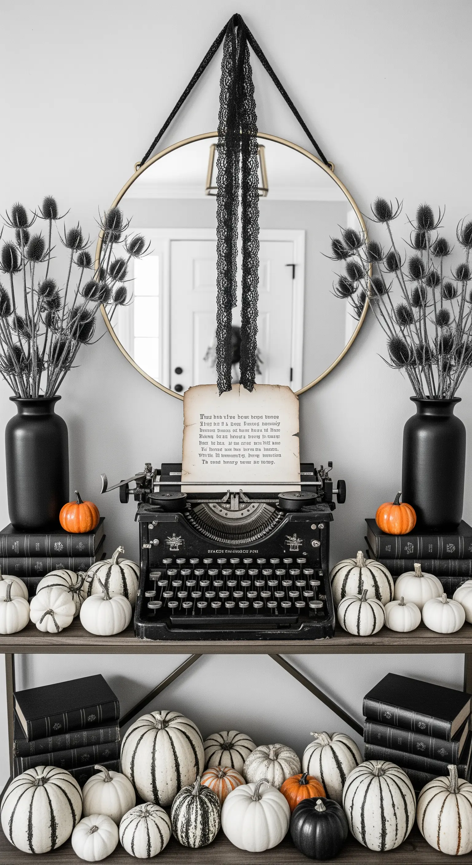 Konsole, Schreibmaschine, Bücher, Kürbisse, Disteln, Spiegel, Vintage.