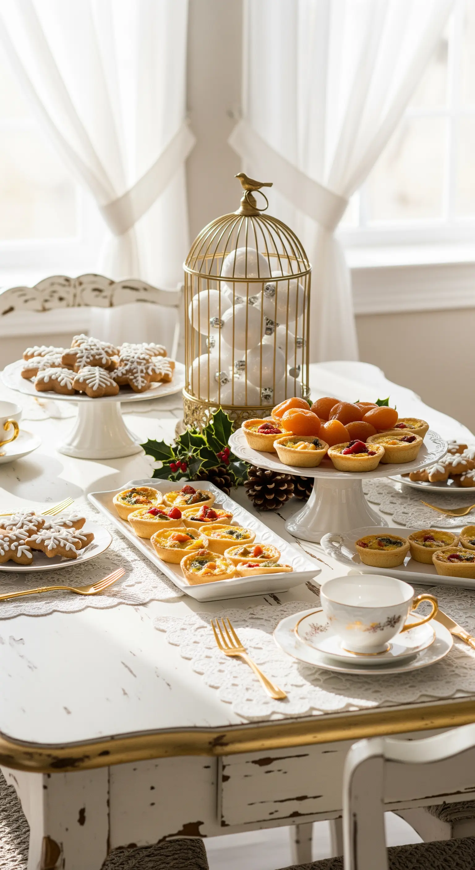 Nostalgische Brunch-Tafel mit weißen Gebäckständern, goldenem Vogelkäfig und Spitzendeckchen