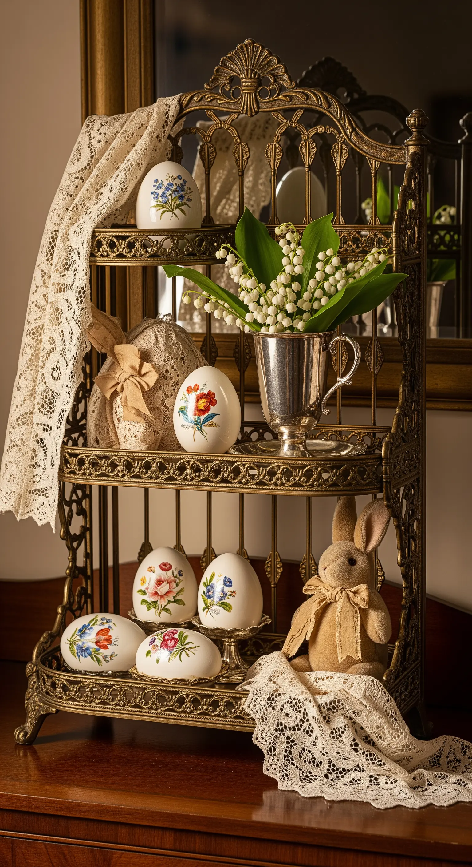 Antike Messing-Etagere mit bemalten Eiern, Maiglöckchen und Spitze