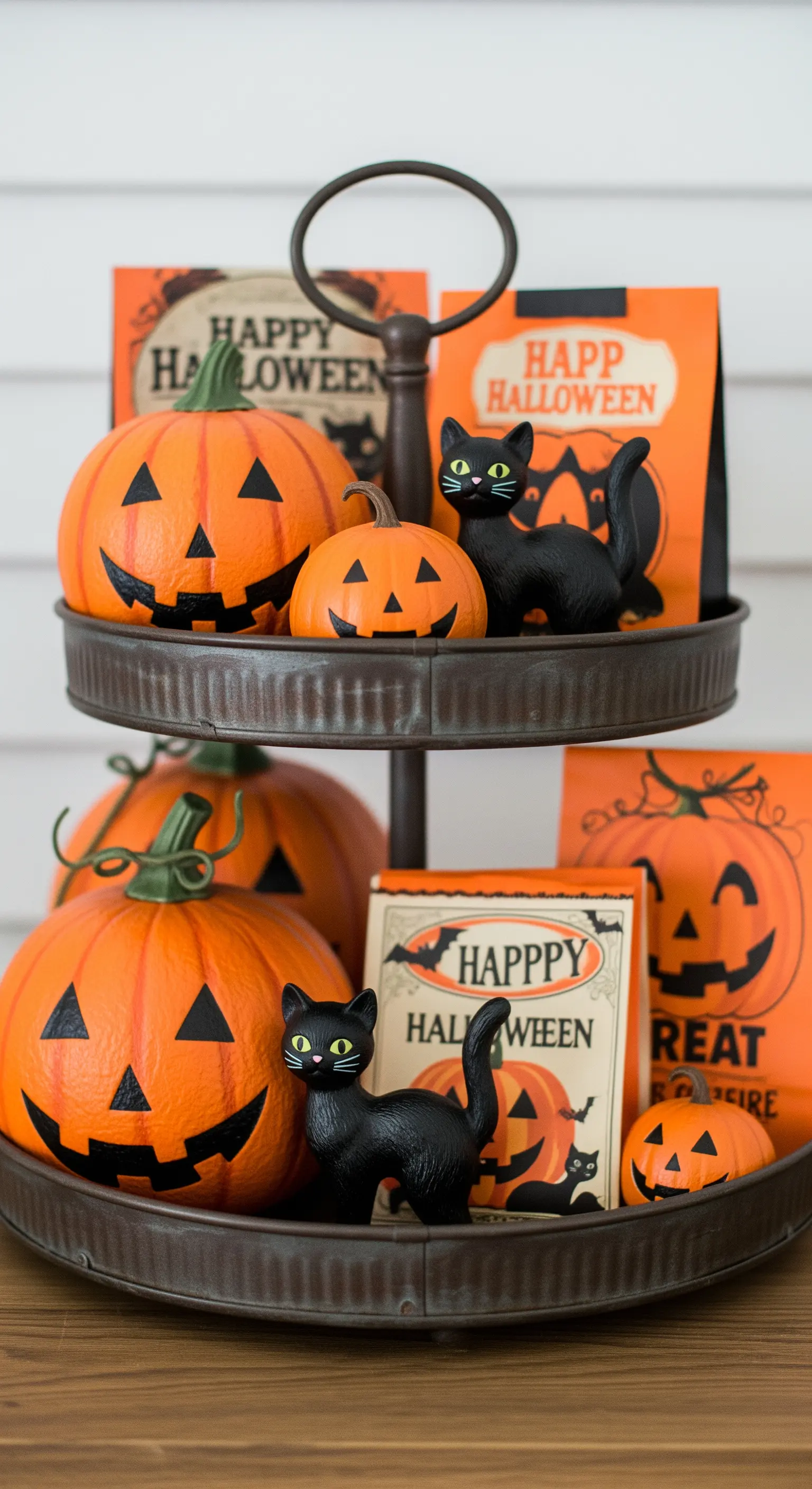 Retro-Halloween-Etagere mit Jack-o'-Lantern-Kürbissen und schwarzen Katzen.