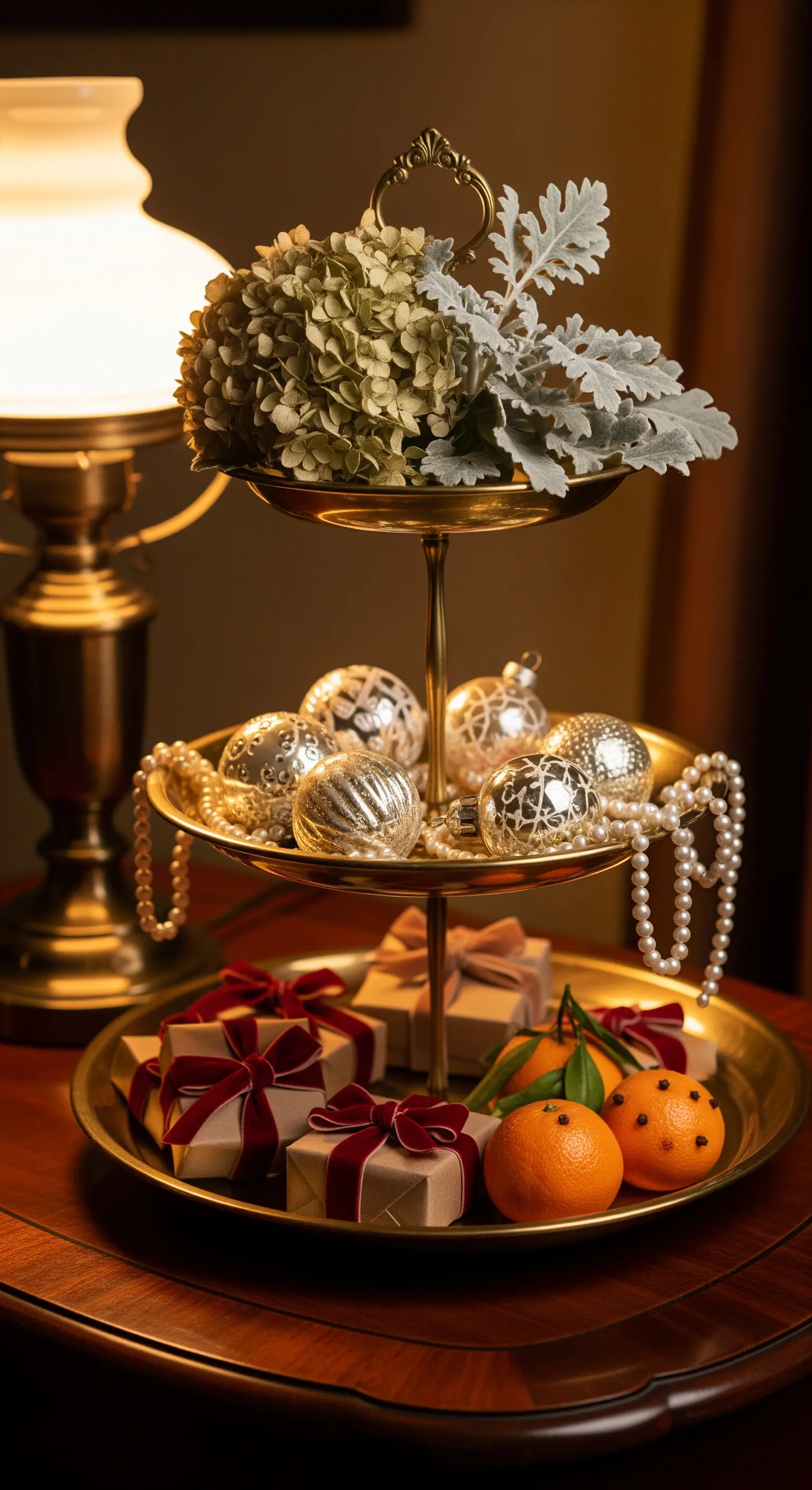 Goldene Vintage-Etagere mit antiken Ornamenten, Perlen und kleinen Geschenken