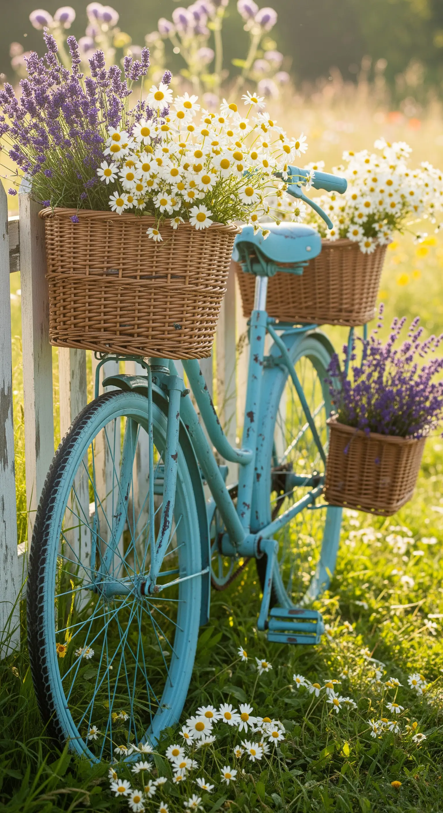 Blaues Vintage-Fahrrad mit Blumenkörben lehnt an einem weißen Lattenzaun