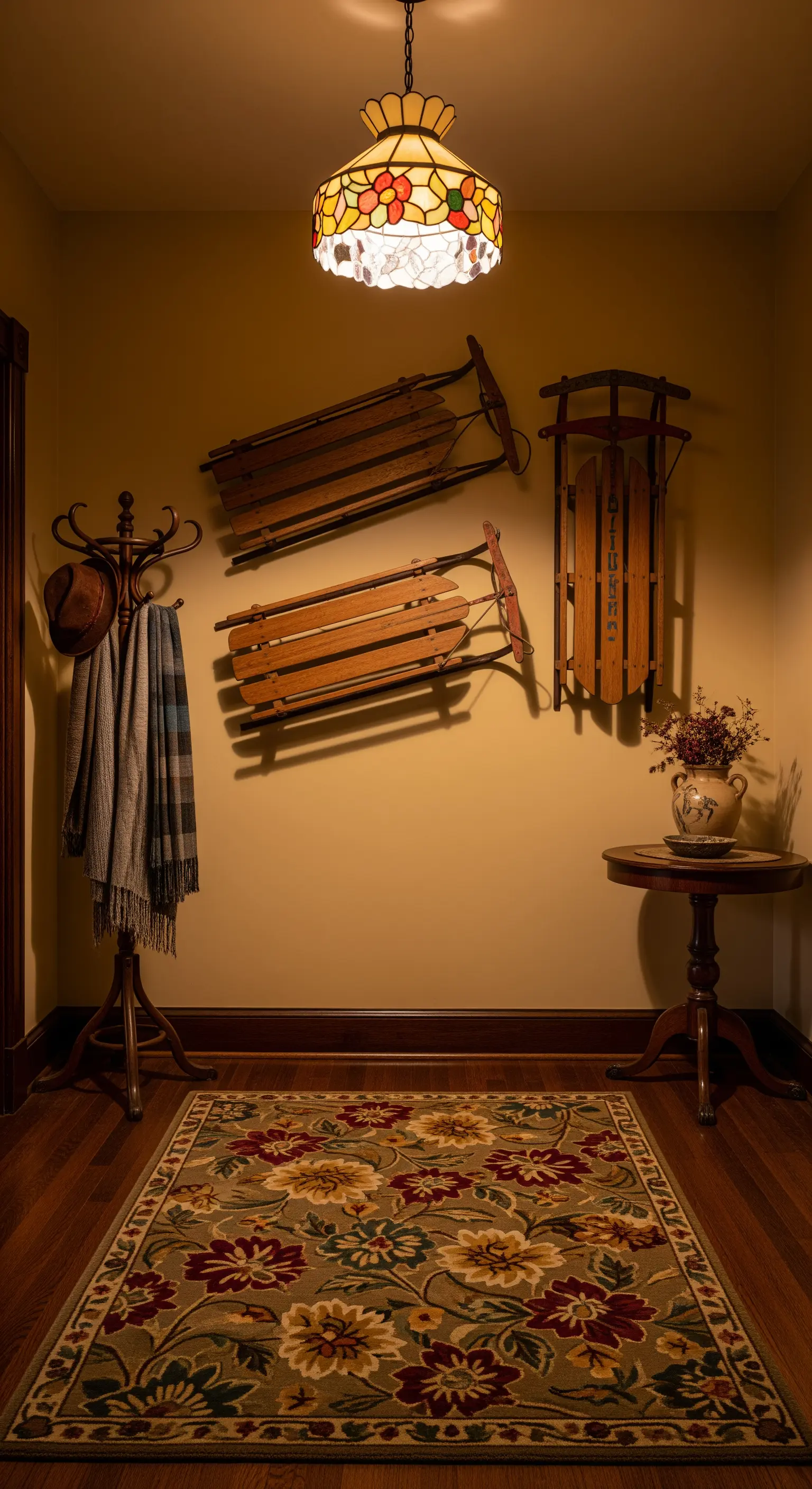 Nostalgischer Flur mit Vintage-Schlitten an der Wand, Garderobe, Beistelltisch und Tiffany-Lampe