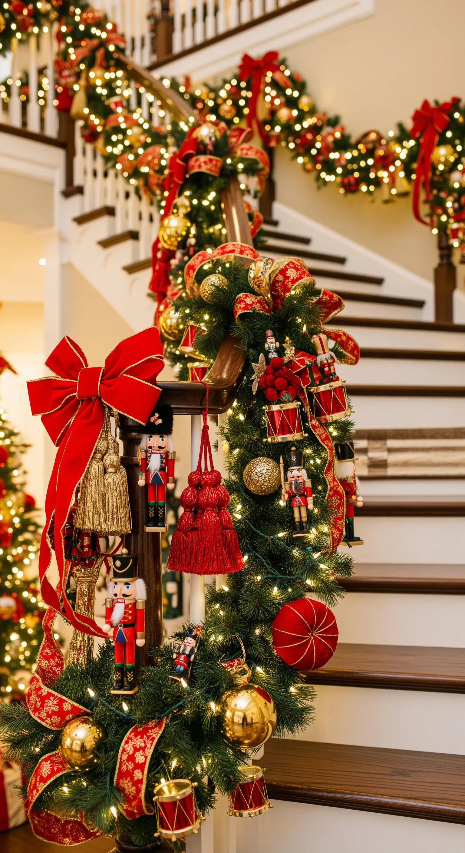 Treppengirlande mit roten Schleifen, Nussknackern, Goldkugeln und Quasten.