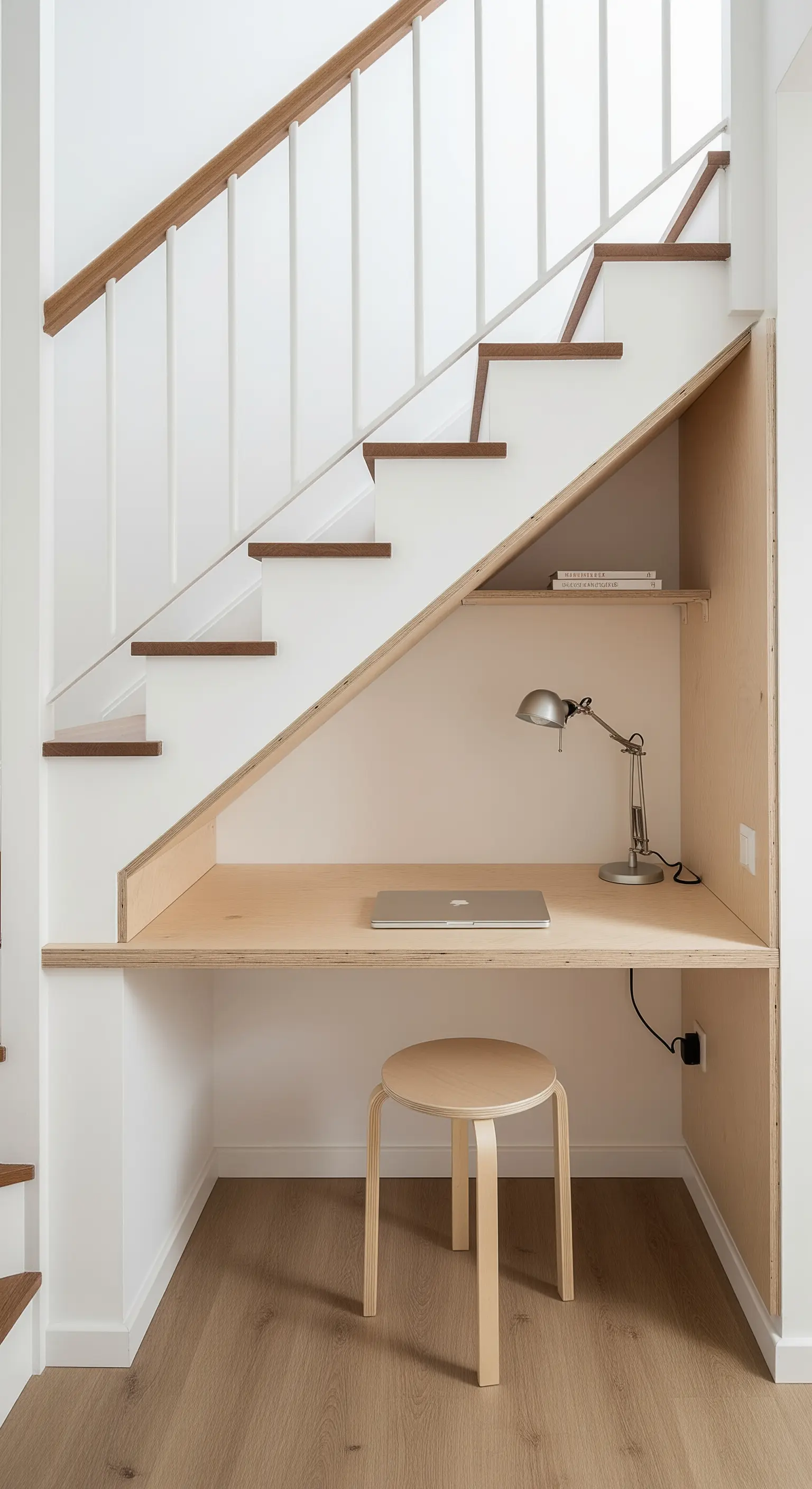 Eine kleine, clevere Homeoffice-Nische aus hellem Holz, eingebaut unter einer weißen Treppe.