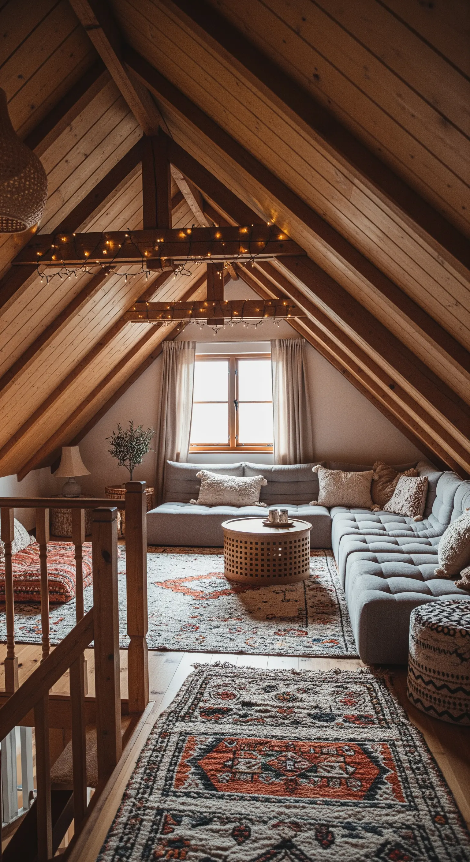 Wohnzimmer im Dachgeschoss mit Holzbalken, die mit Lichterketten geschmückt sind.