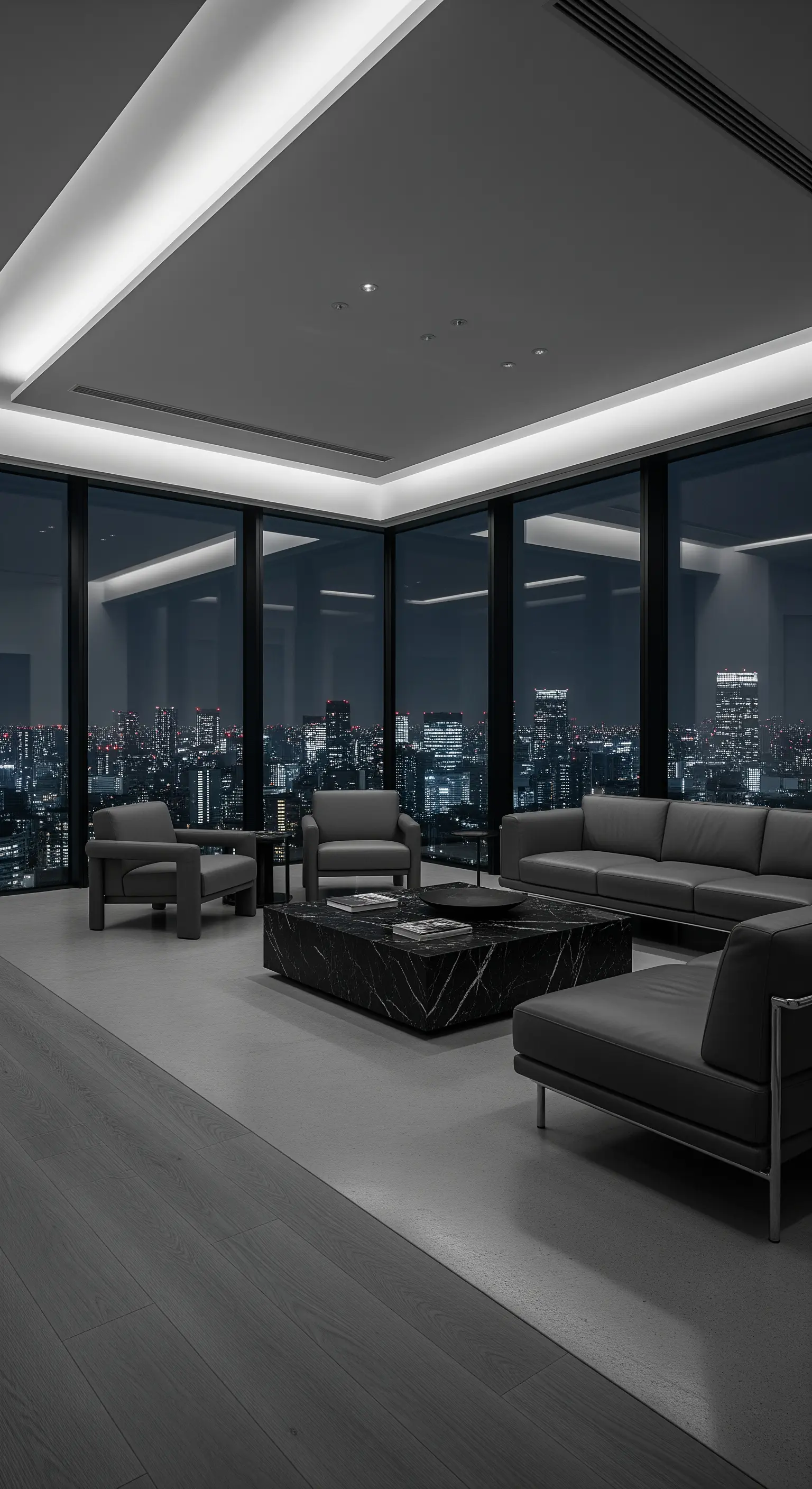 Dunkles, minimalistisches Wohnzimmer mit Ledermöbeln und Blick auf eine nächtliche Stadt.