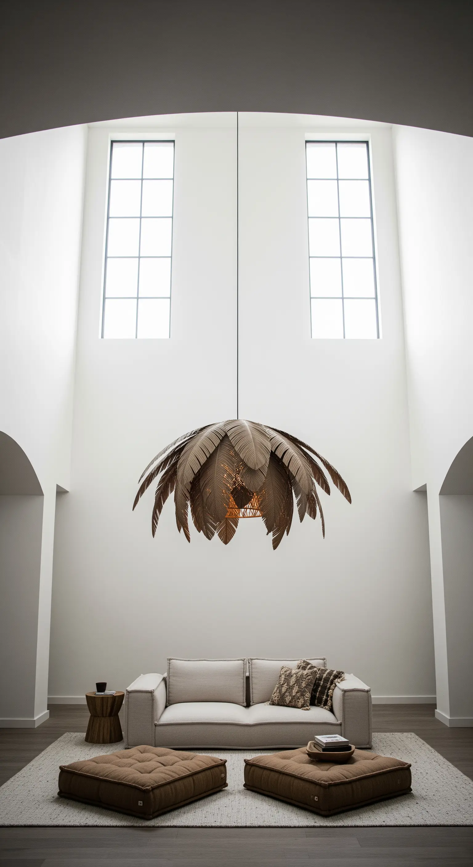 Eine sehr große, federartige Hängeleuchte in einem hohen, minimalistischen Raum