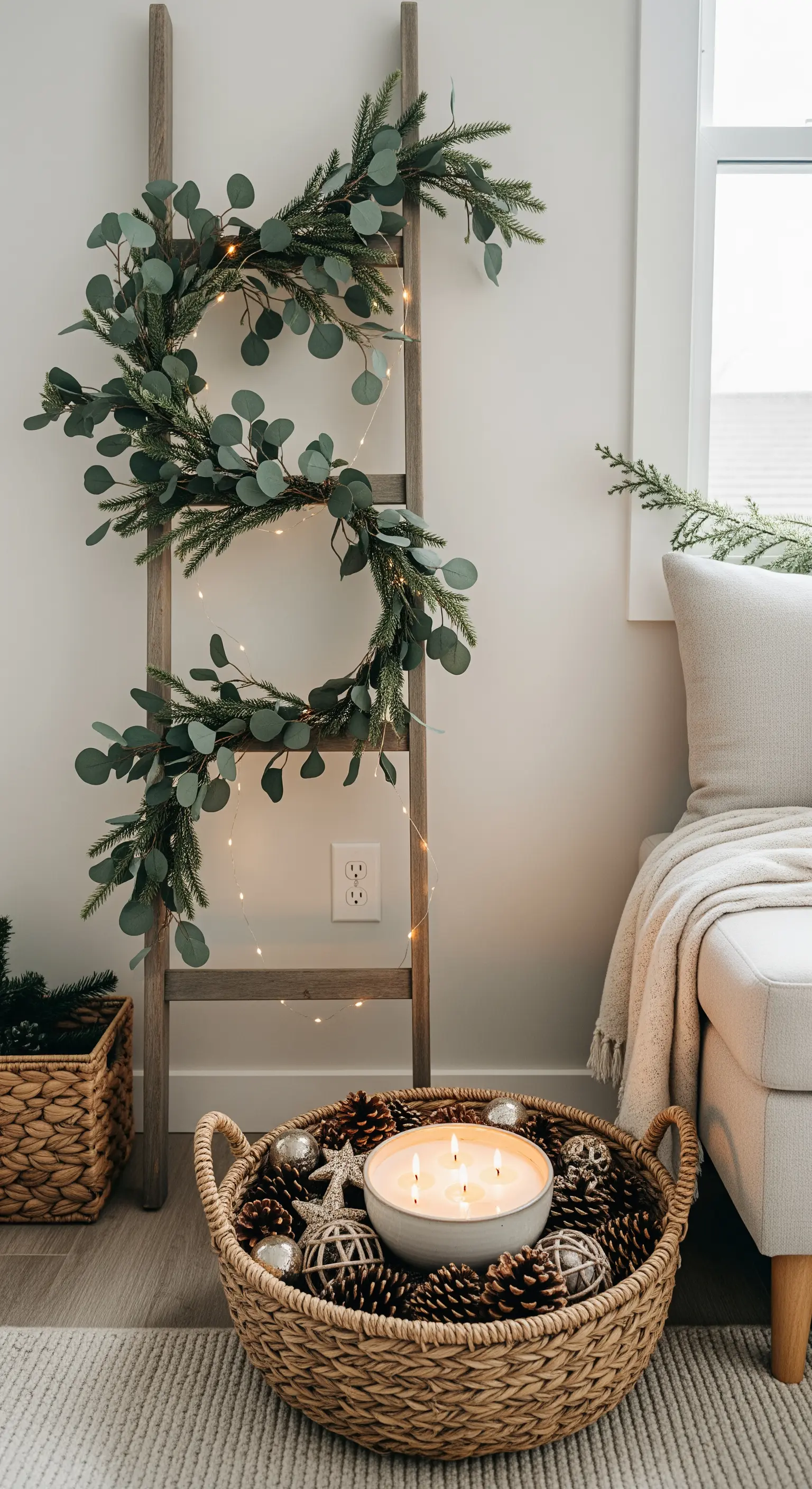 Dekorative Holzleiter mit einer Eukalyptusgirlande und einer Lichterkette.