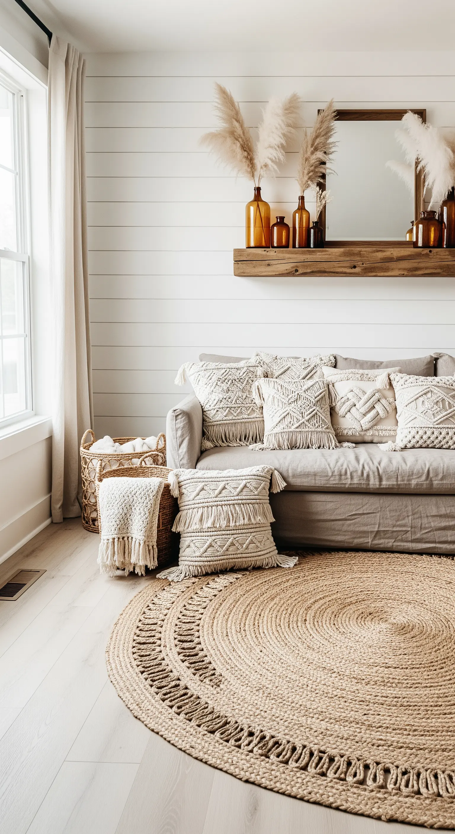 Ein schwebendes Holzregal über einem Sofa, dekoriert mit Pampasgras in braunen Glasflaschen.