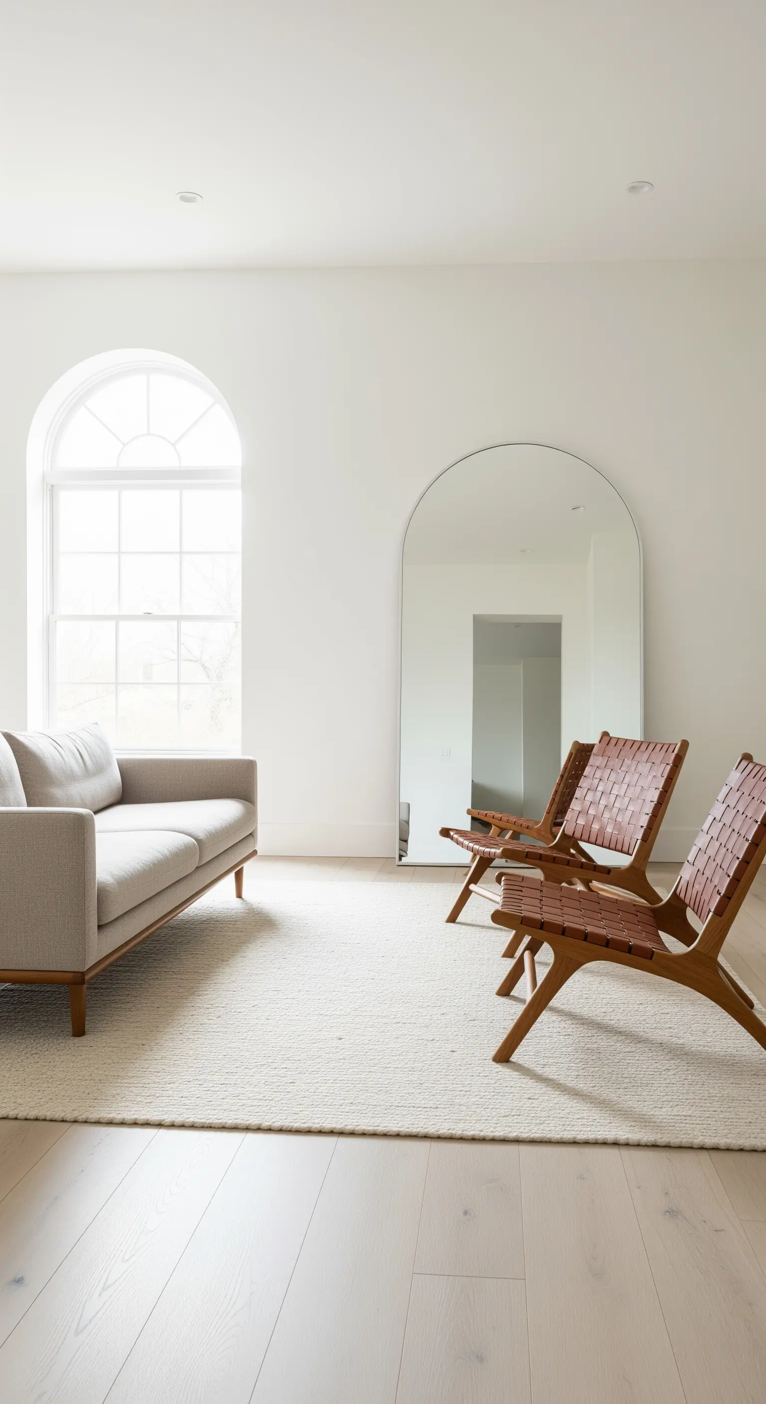 Großer, bodentiefer Bogen-Spiegel, der in einem minimalistischen, weißen Raum an der Wand lehnt.