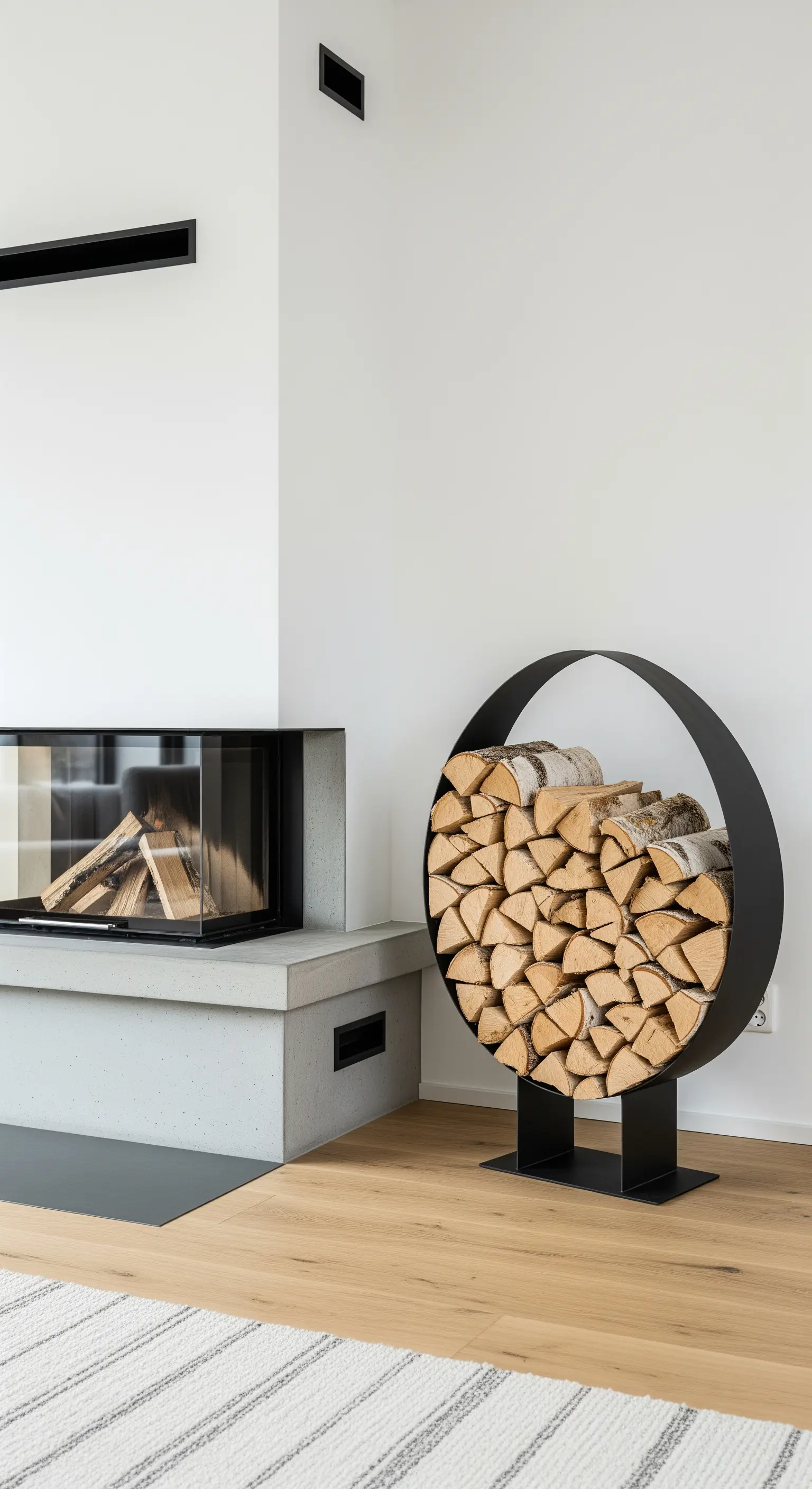 Ein runder, schwarzer Kaminholzhalter aus Metall, gefüllt mit Birkenholzscheiten, neben einem modernen Kamin.