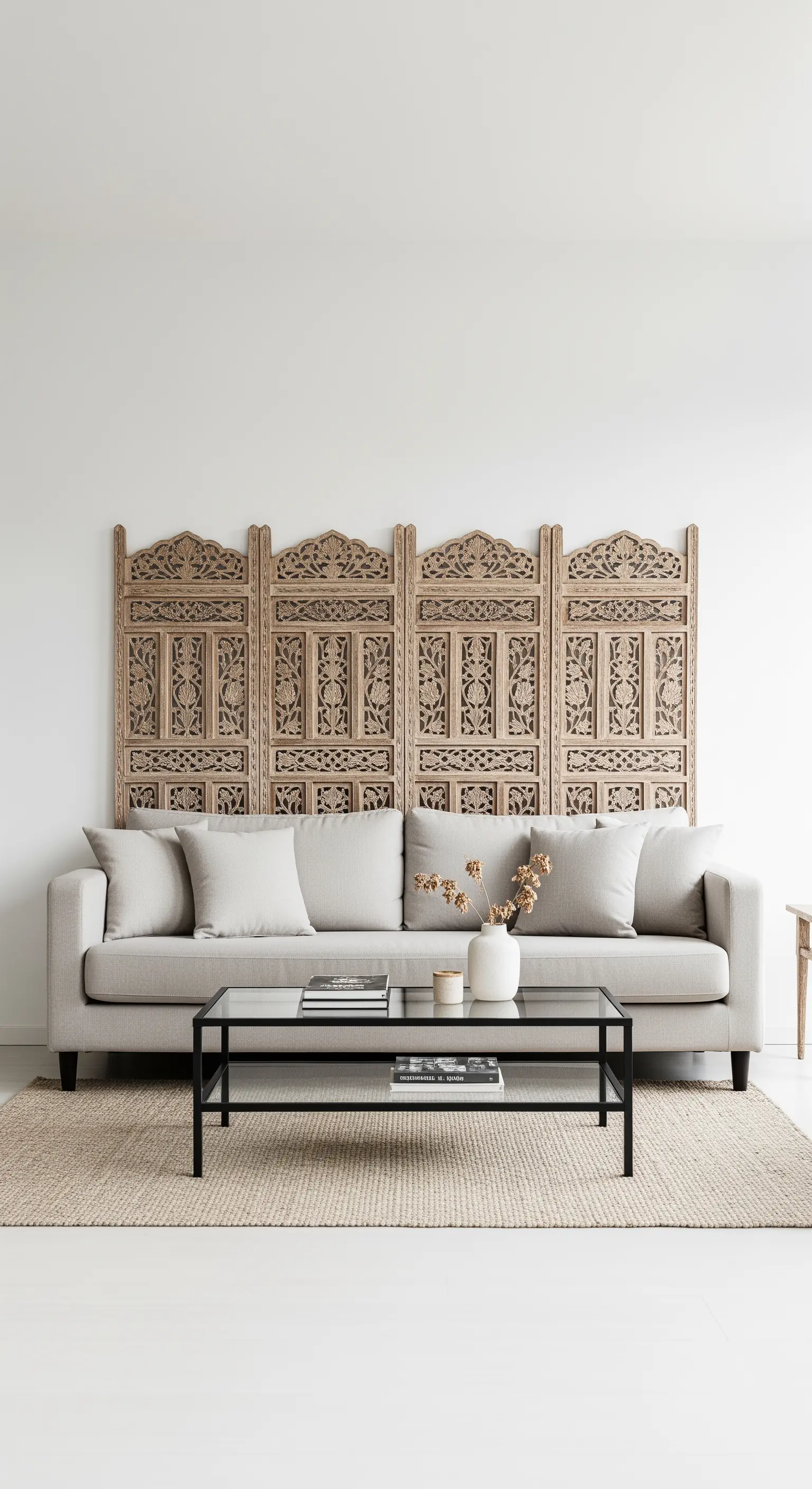 Ein kunstvoll geschnitzter Holzparavent steht als dekorativer Hintergrund hinter einem modernen, hellen Sofa.