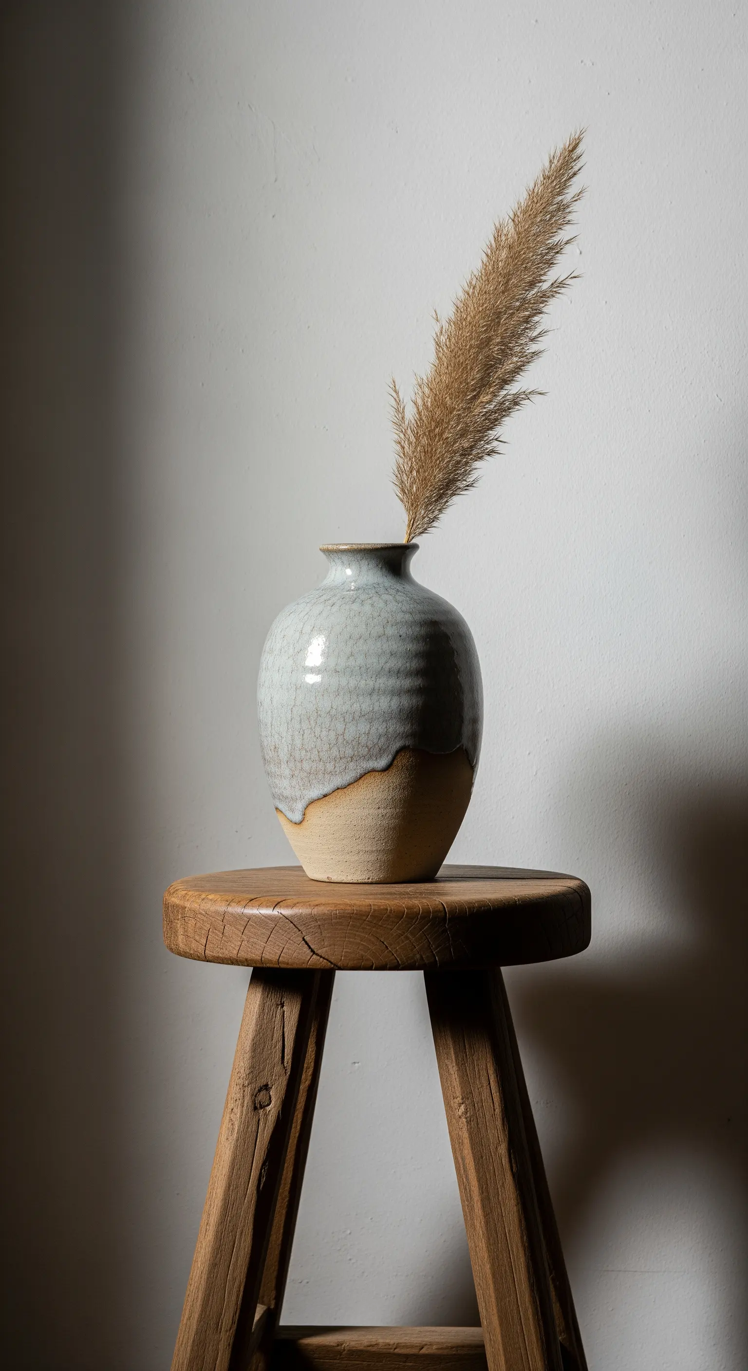 Eine Keramikvase mit Pampasgras steht auf einem alten, rustikalen Holzhocker.