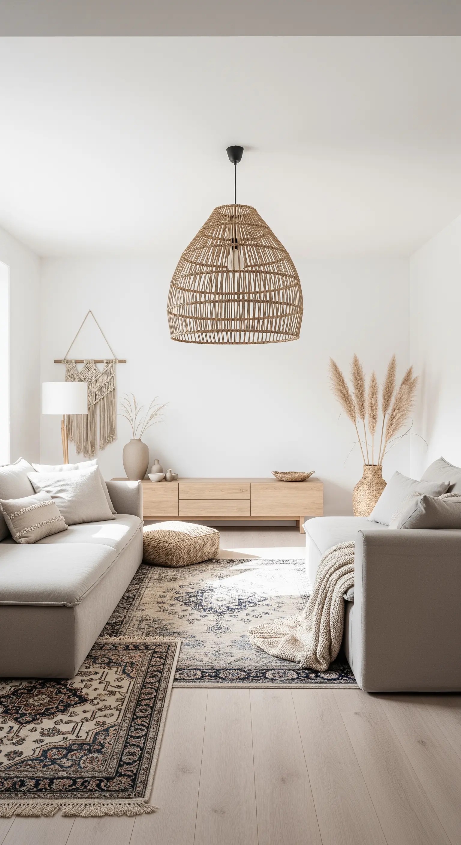 Großer, geflochtener Rattan-Lampenschirm als zentraler Blickfang in einem hellen Boho-Wohnzimmer.