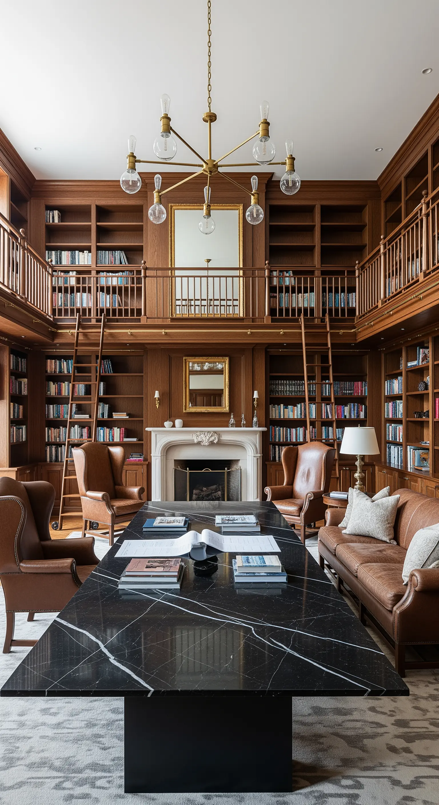 Großer, langer schwarzer Marmortisch in einer beeindruckenden zweistöckigen Hausbibliothek.