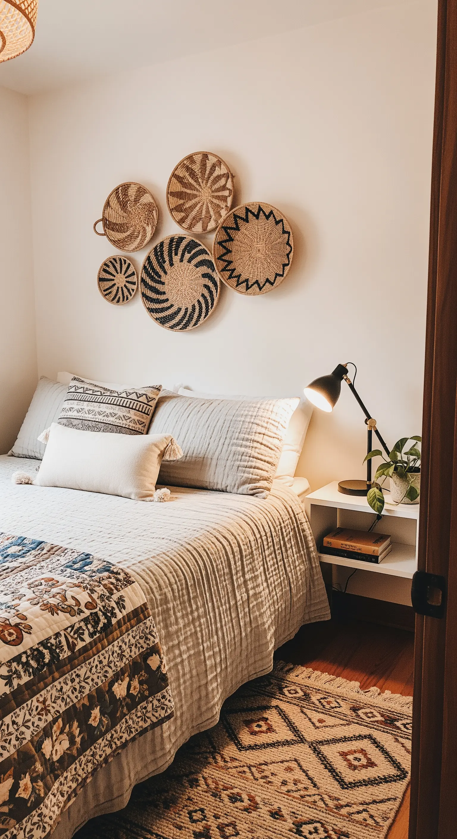 Eine Gruppe von runden, geflochtenen Wandkörben in verschiedenen Mustern über einem Bett