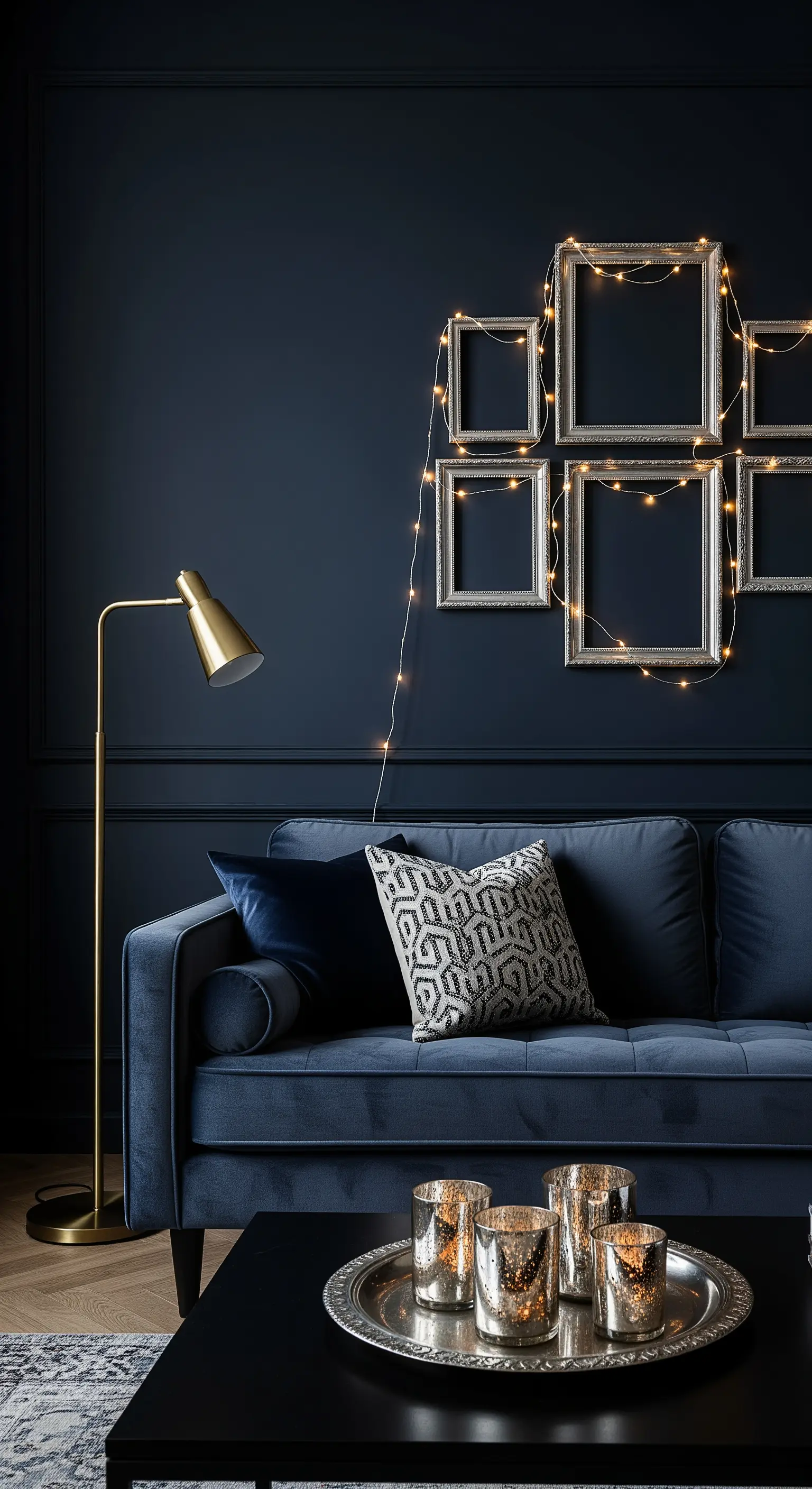 Dunkelblaue Wand mit einer Galerie aus leeren silbernen Bilderrahmen, die von Lichterketten umwickelt sind.