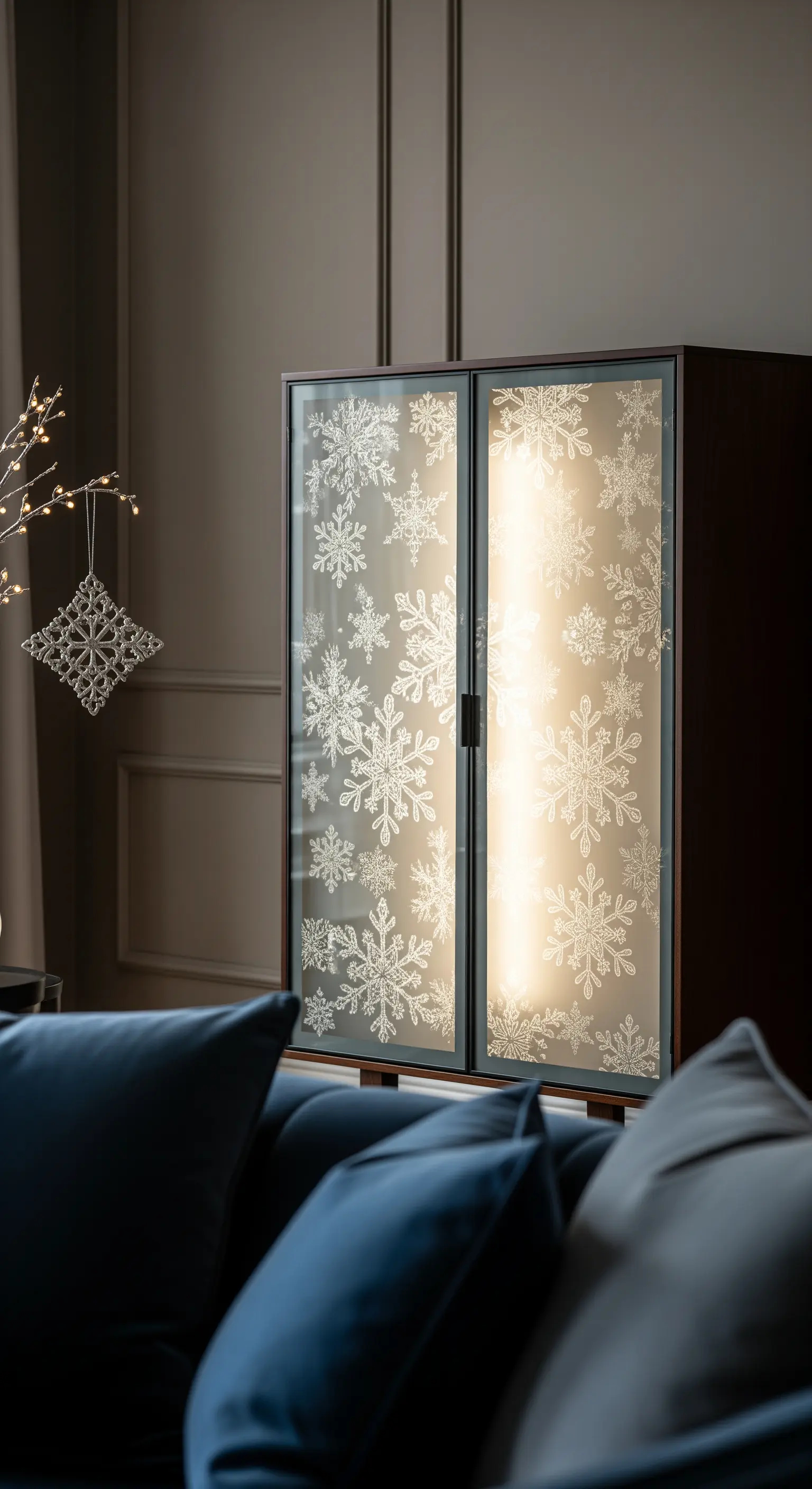 Vitrinenschrank mit Schneeflocken-Muster auf den Glastüren, von innen beleuchtet