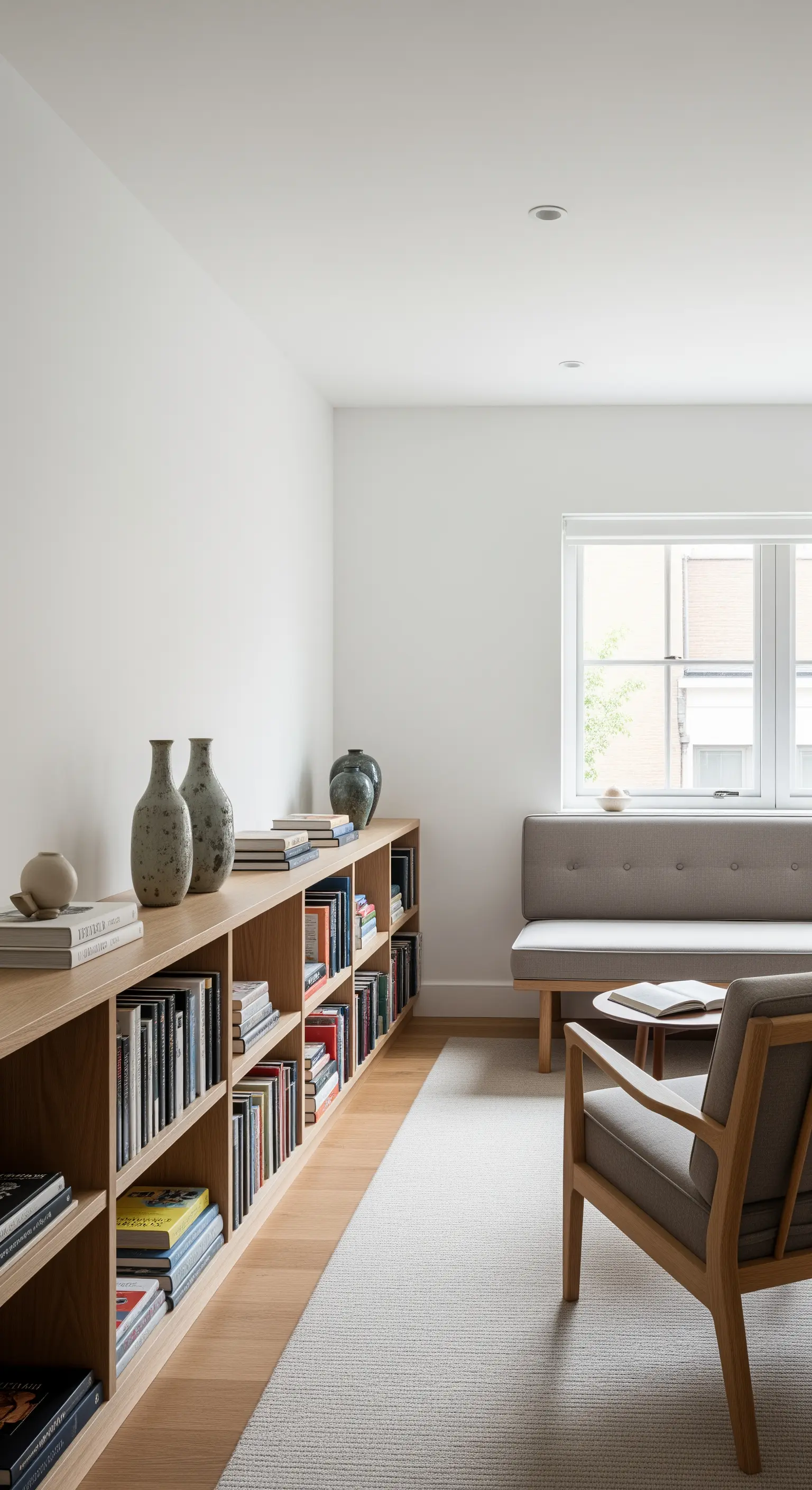 Langes, niedriges Holzregal, stilvoll dekoriert mit Büchern und Keramikvasen