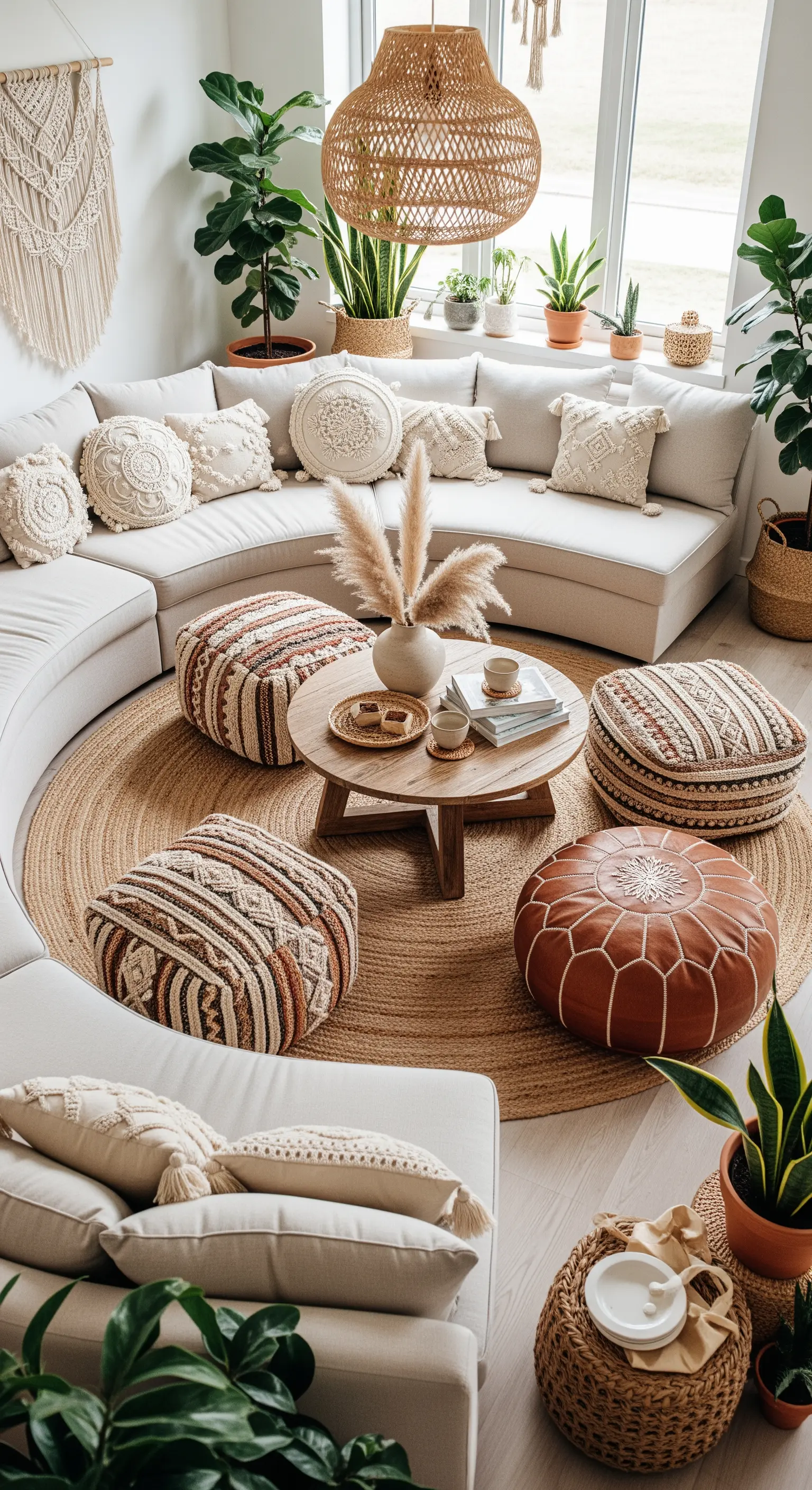 Ein großes, geschwungenes Sofa um einen runden Jute-Teppich mit mehreren Poufs und einem Couchtisch.