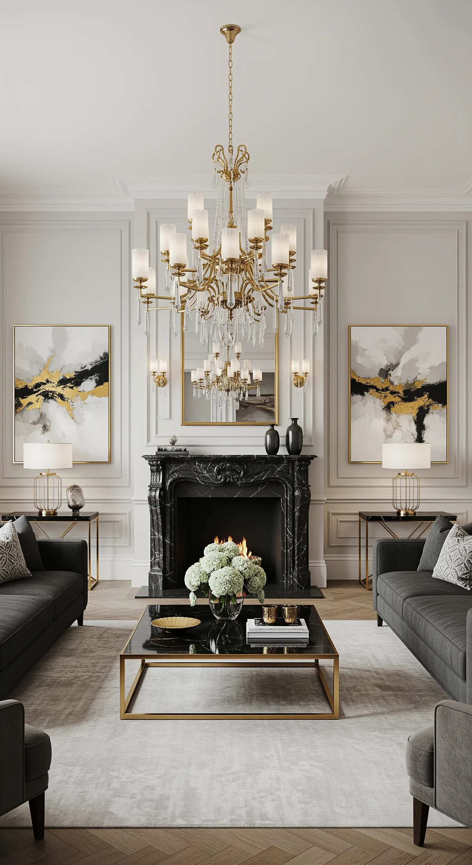 Helles Wohnzimmer mit einem dominanten schwarzen Marmorkamin und goldenen Akzenten als Kontrapunkt.