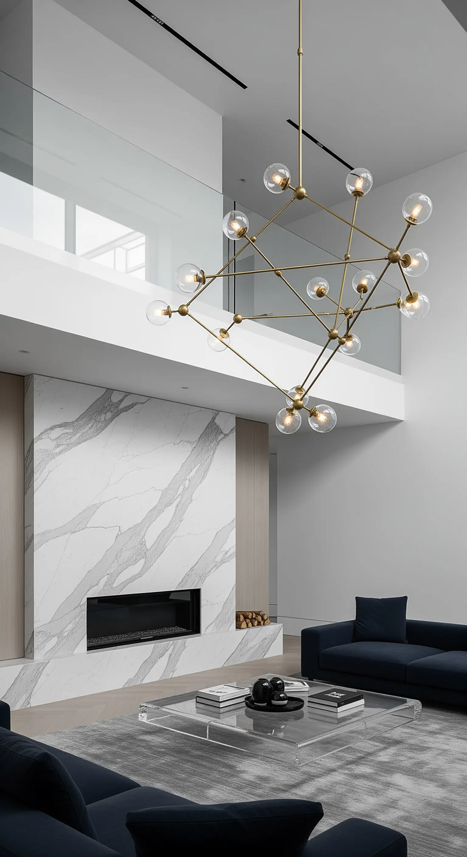 Moderne, geometrische Messing-Hängeleuchte über einem Acryl-Couchtisch vor einer Marmorwand.