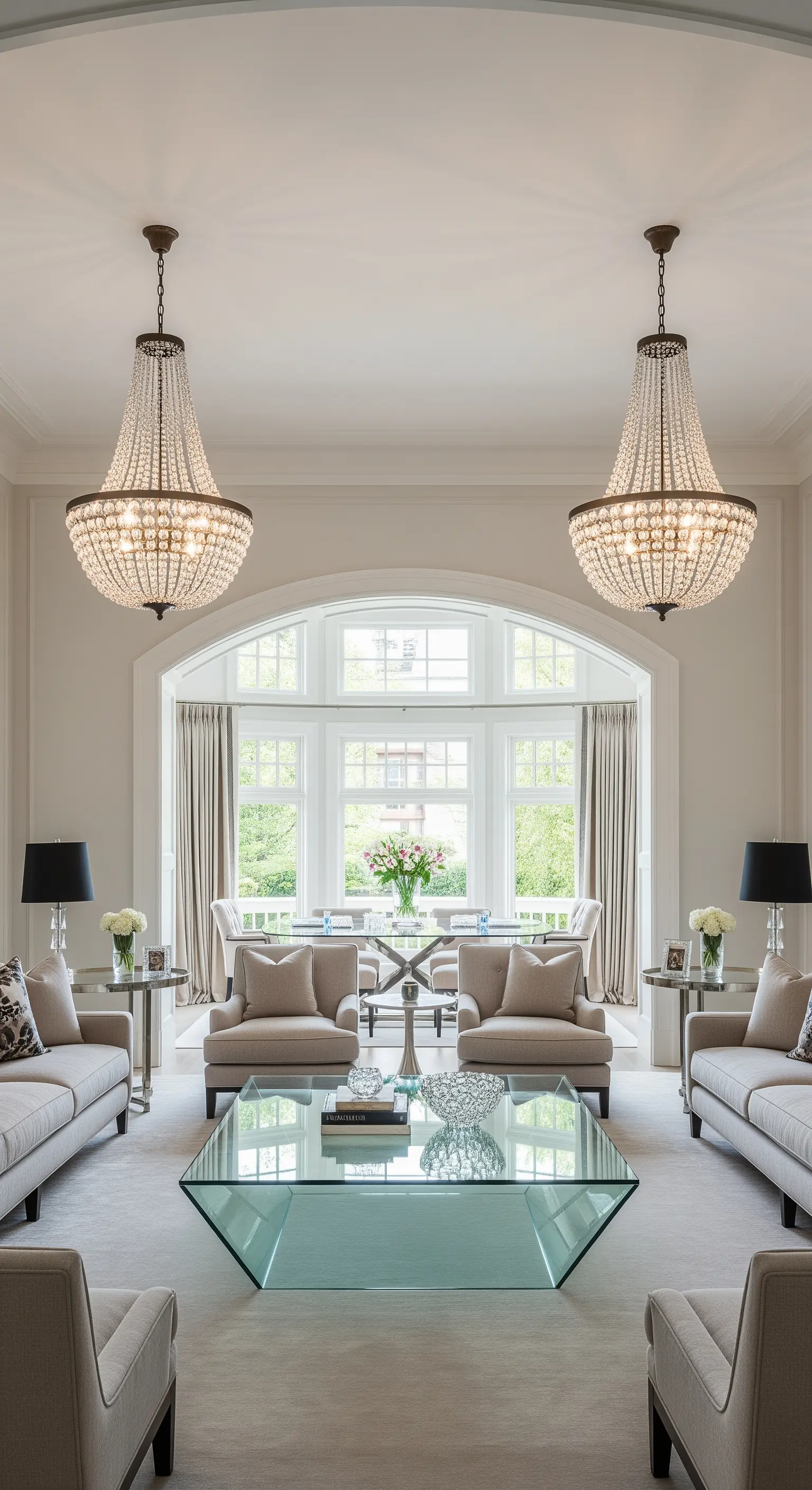 Zwei identische Kristall-Kronleuchter in einem großen, symmetrisch eingerichteten Wohnzimmer.