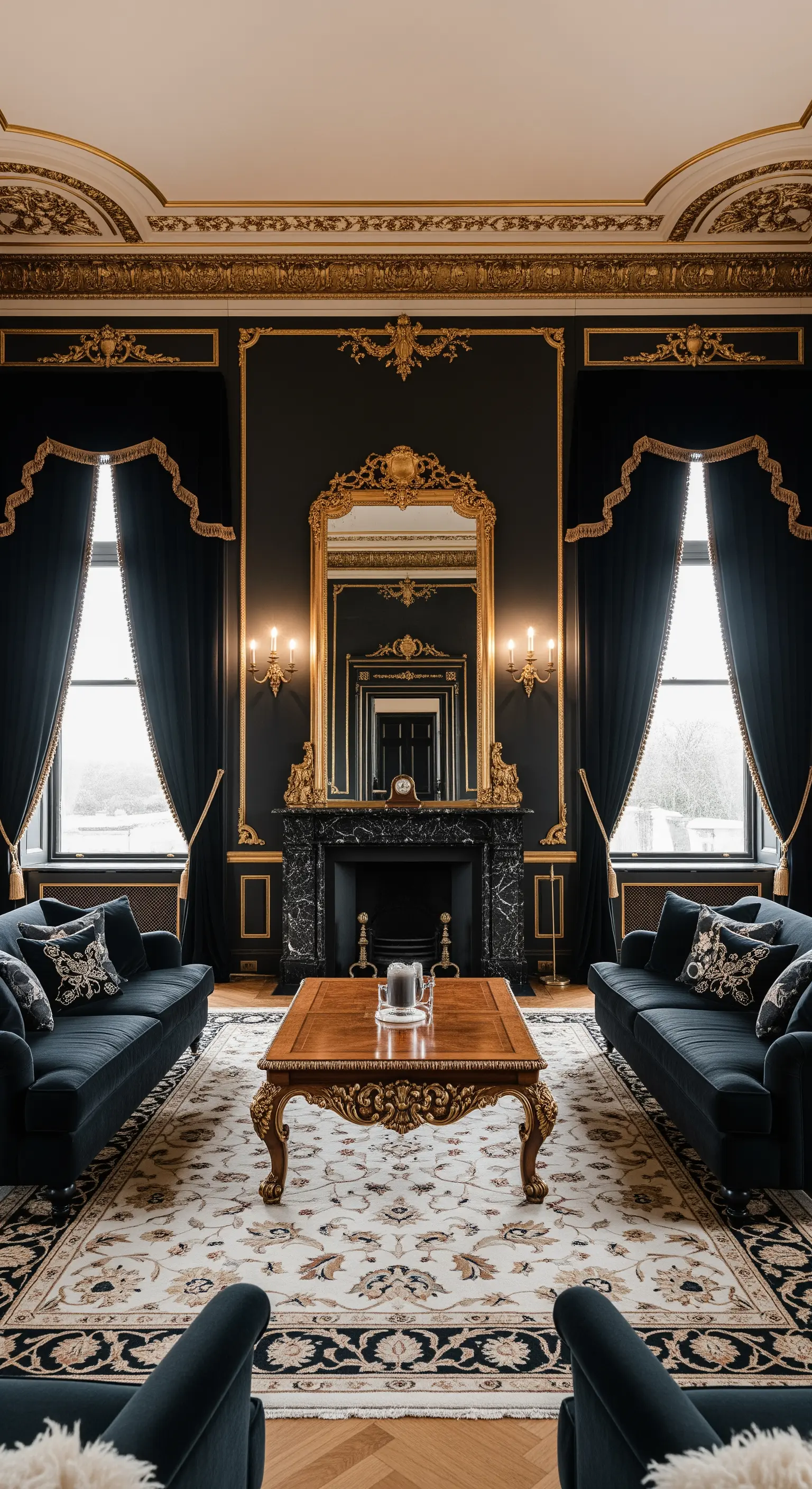 Neoklassizistisches Wohnzimmer mit symmetrischer Anordnung von Sofas, Fenstern und goldenen Wandverzierungen.