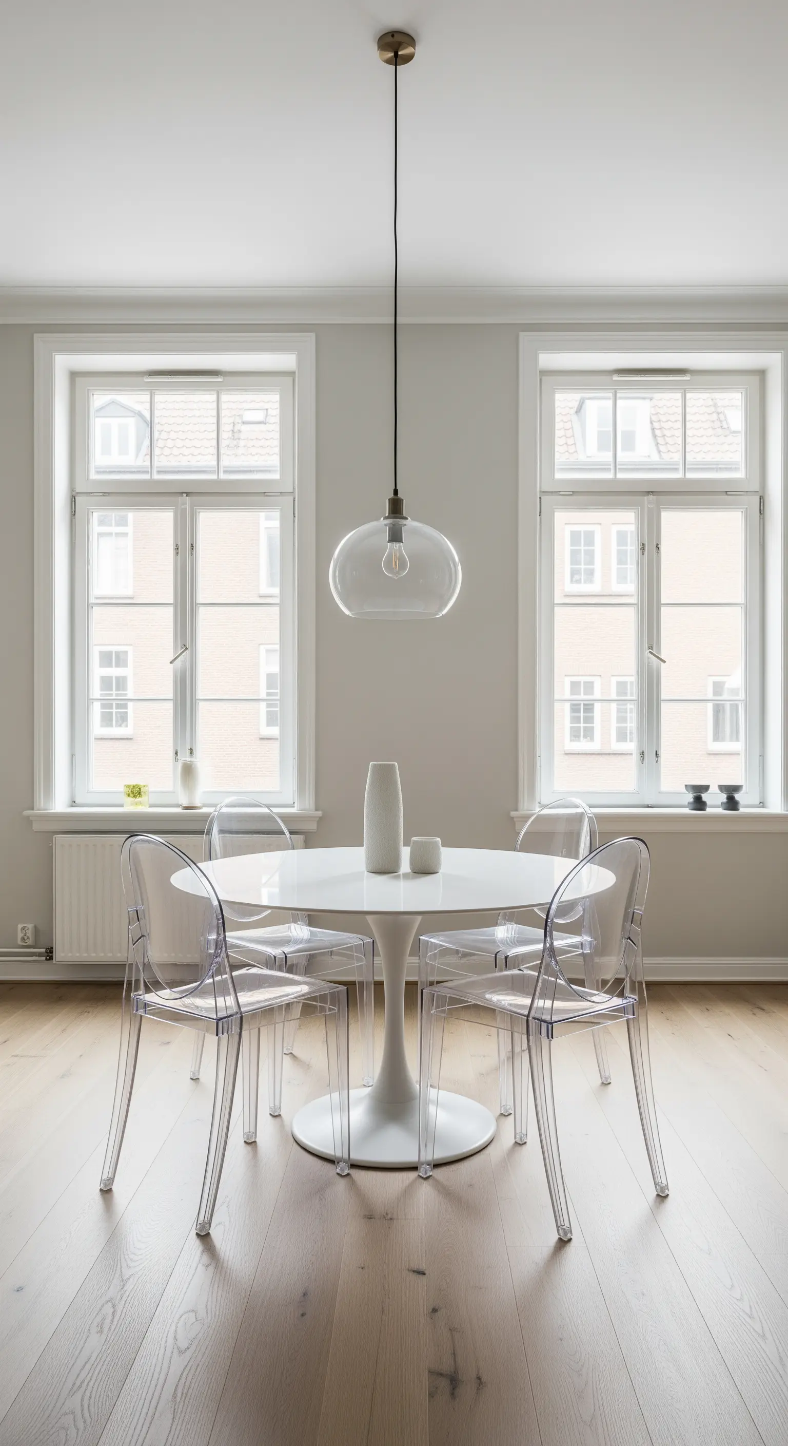 Ein runder, weißer Esstisch, umgeben von vier transparenten Acryl-Stühlen.