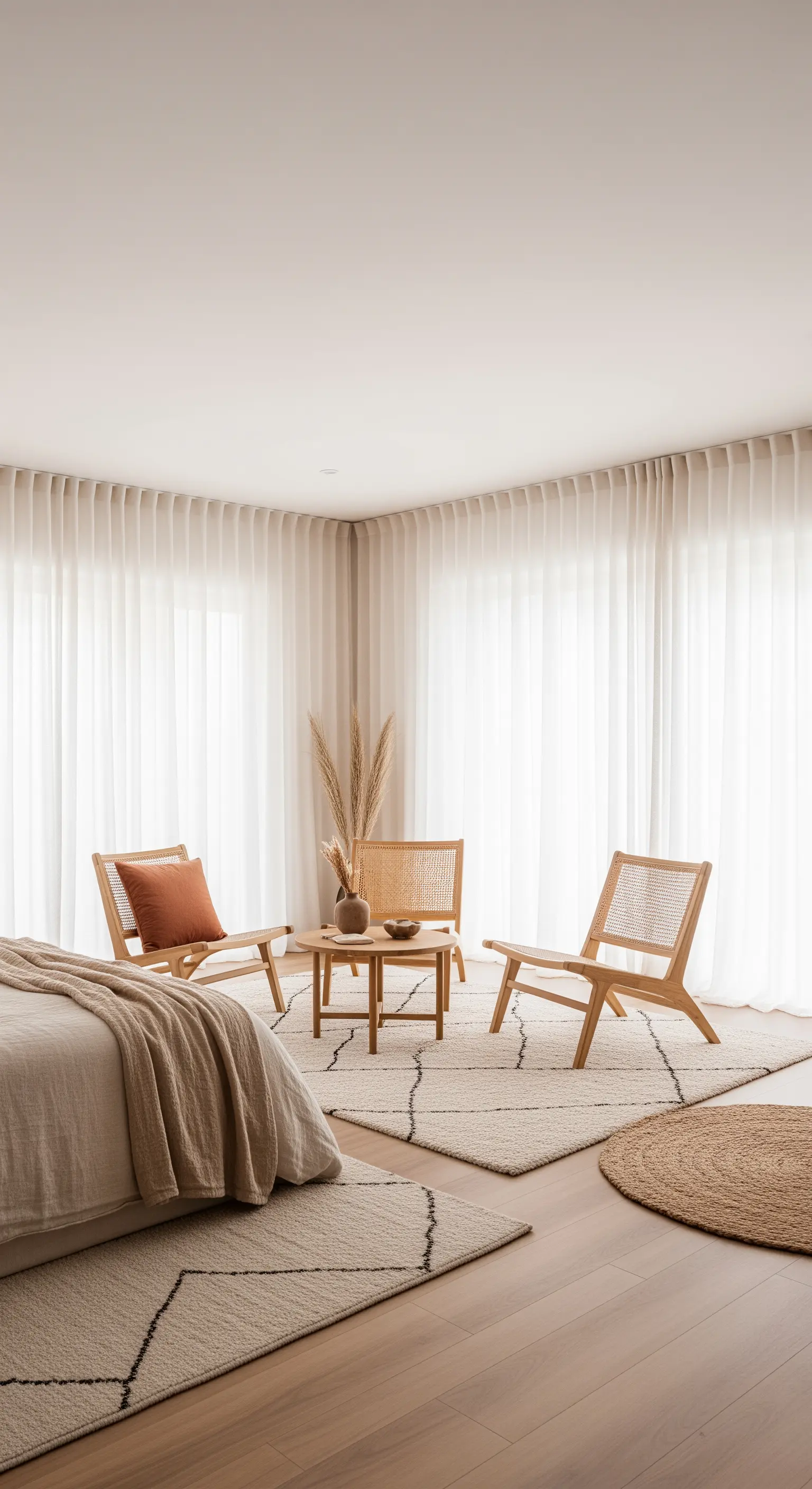 Heller Raum mit bodenlangen, weißen, durchscheinenden Vorhängen, die das Licht sanft filtern