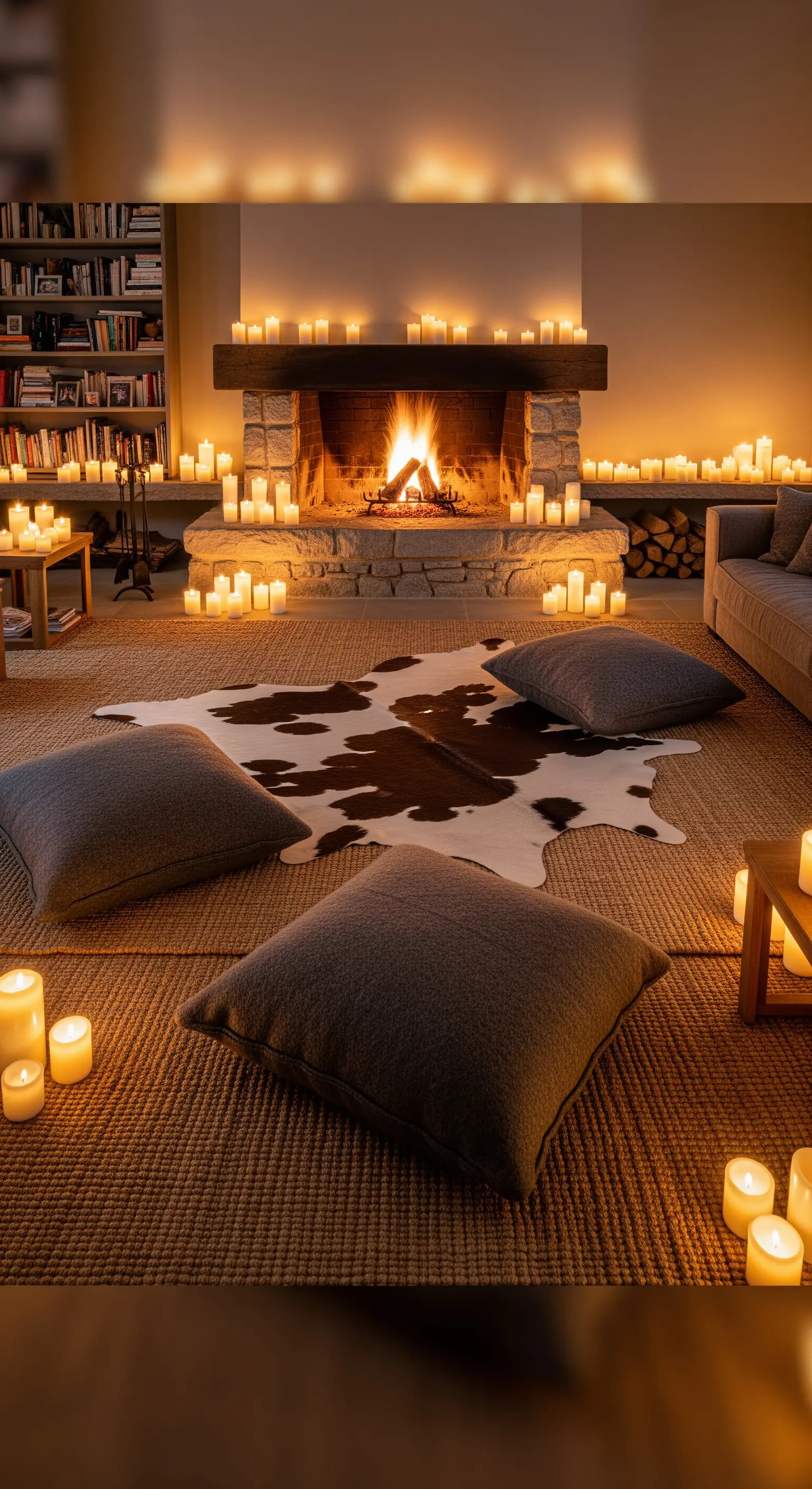 Wohnzimmer mit Kerzenmeer, Bodenkissen, Kuhfellteppich und Kaminfeuer.