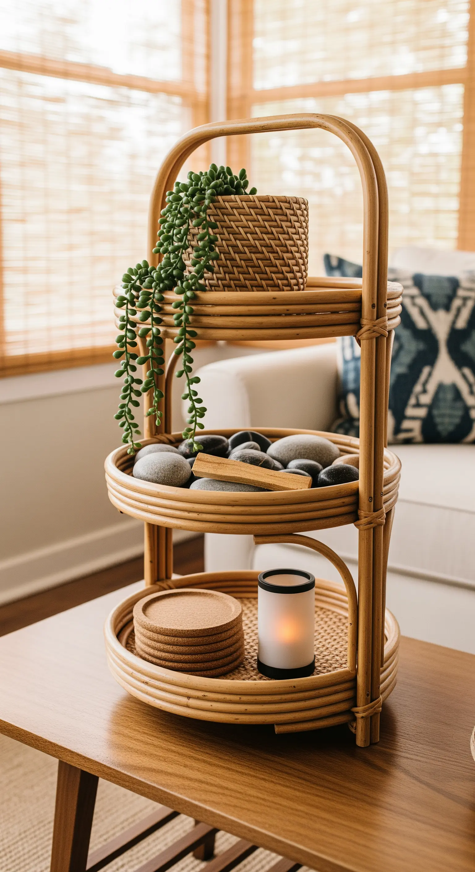 Etagere aus Rattan mit einer Hängepflanze, Flusssteinen und einer Kerze
