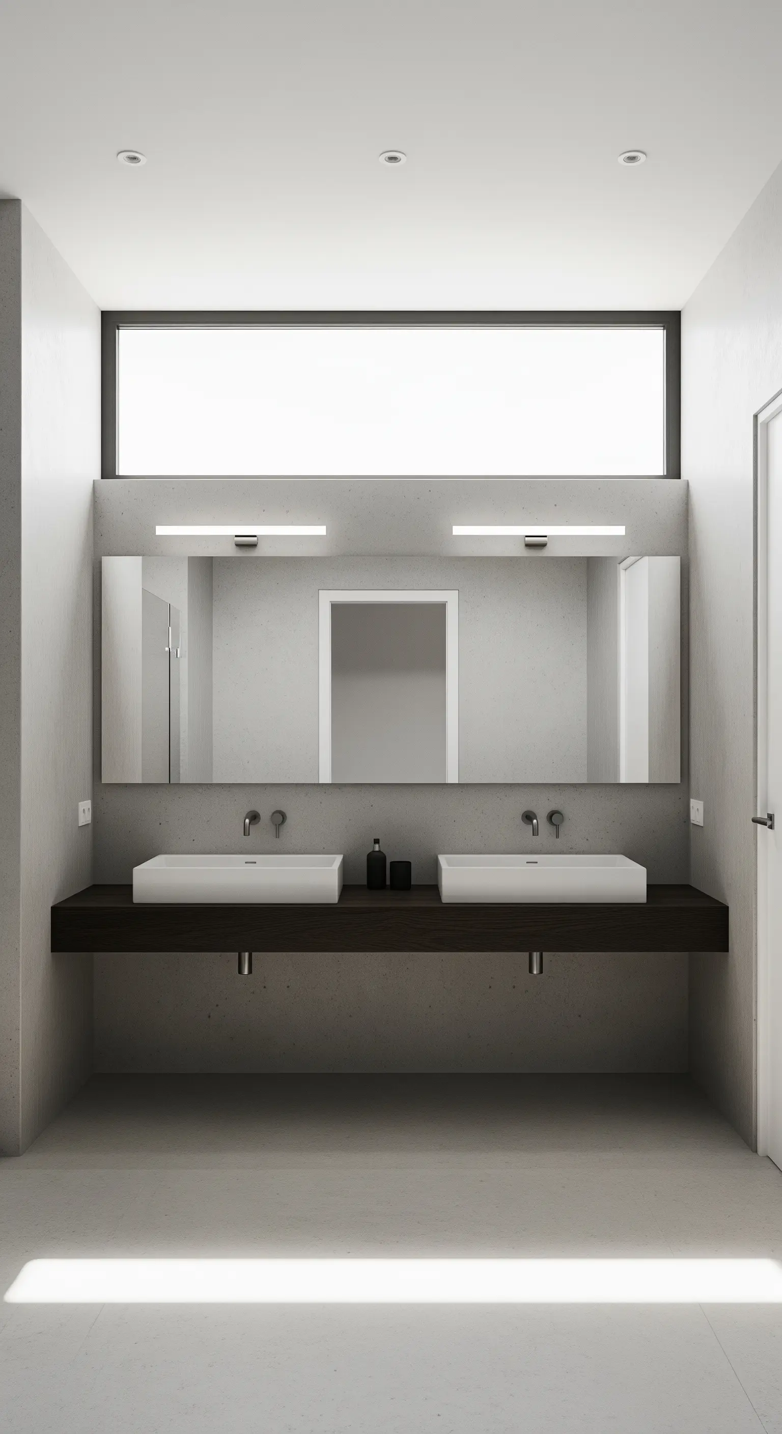 Modernes Beton-Badezimmer mit einem hohen, schmalen Fenster über dem Doppelwaschtisch.