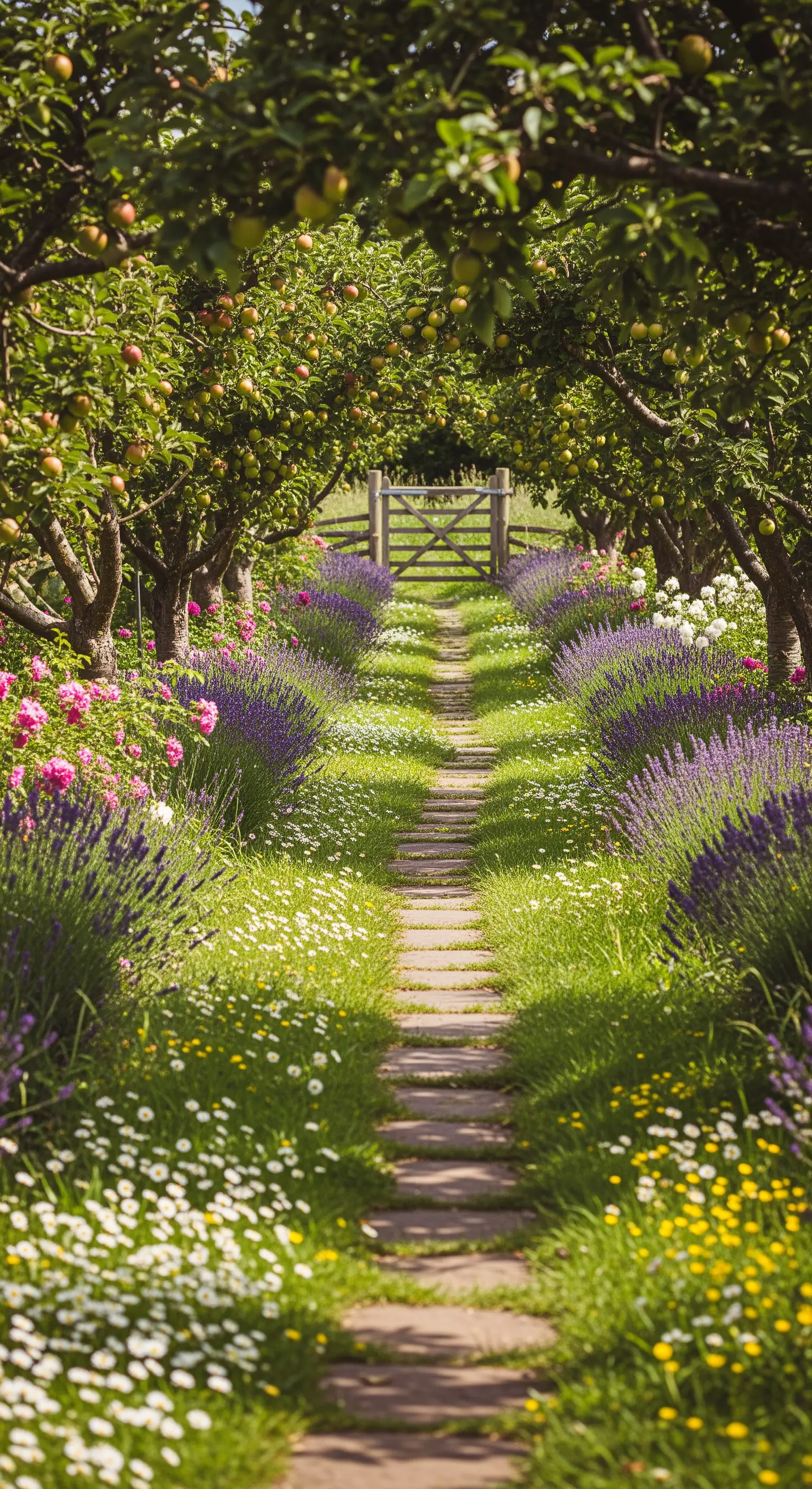 Trittsteinpfad durch Obstbaum-Allee mit Lavendel und Wildblumen
