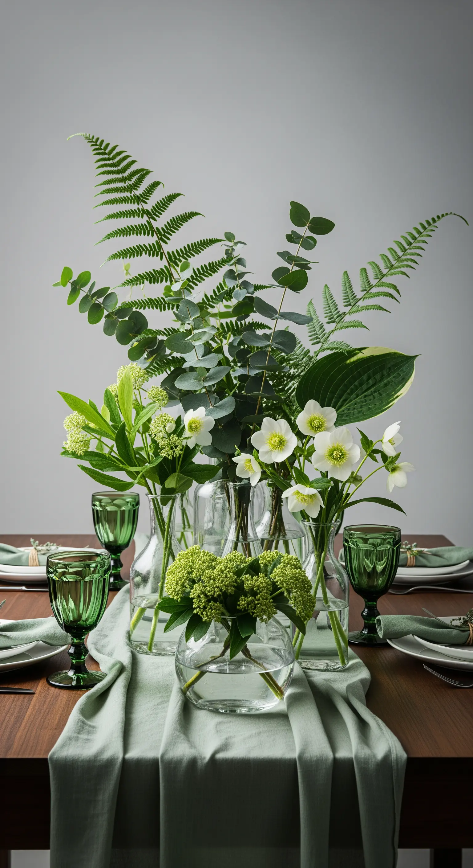 Monochromes Tisch-Arrangement mit verschiedenen Grüntönen von Farn und Eukalyptus