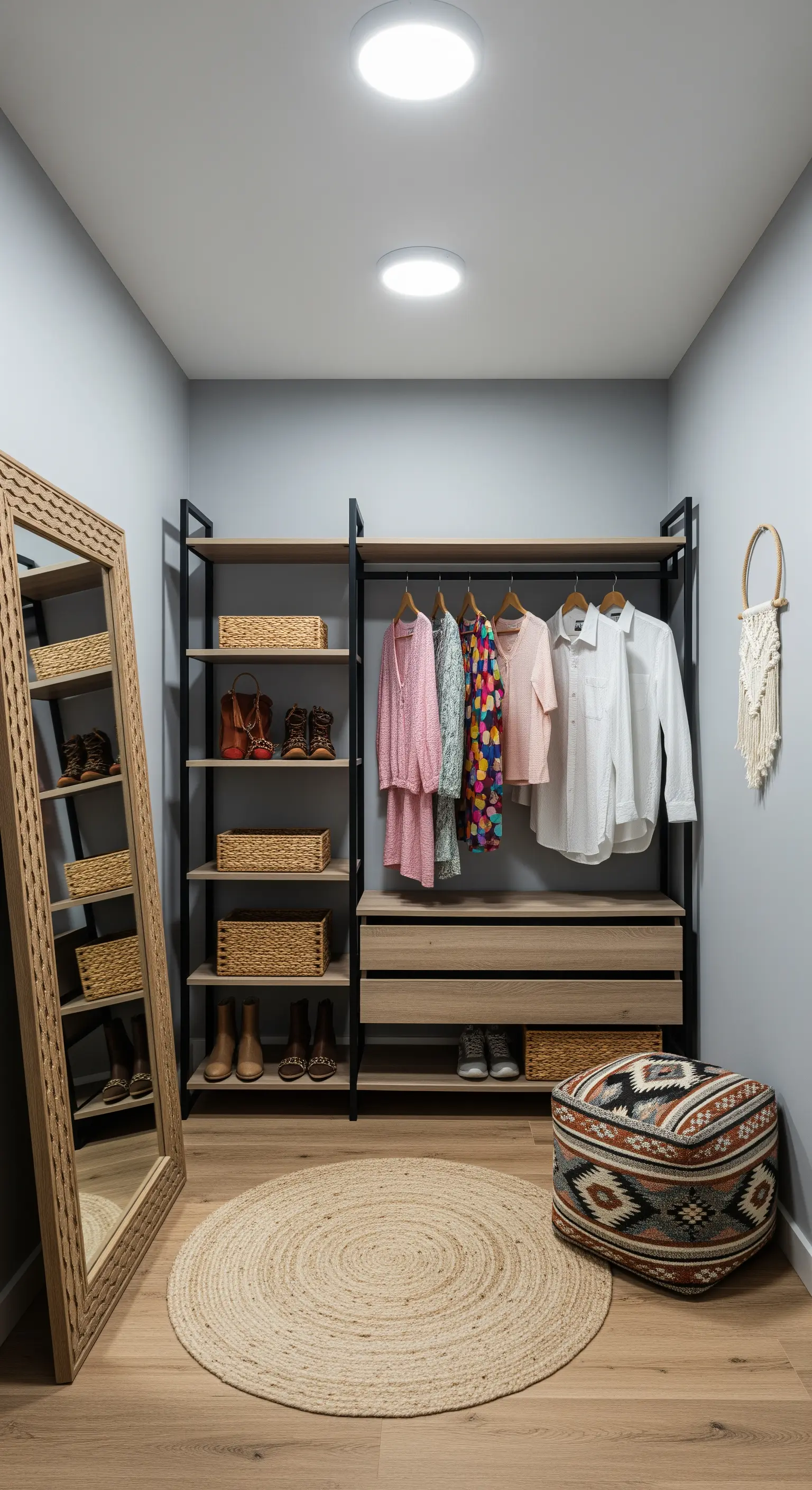 Offenes Ankleidezimmer mit Holzregalen, geflochtenen Körben und einem großen Holzspiegel.