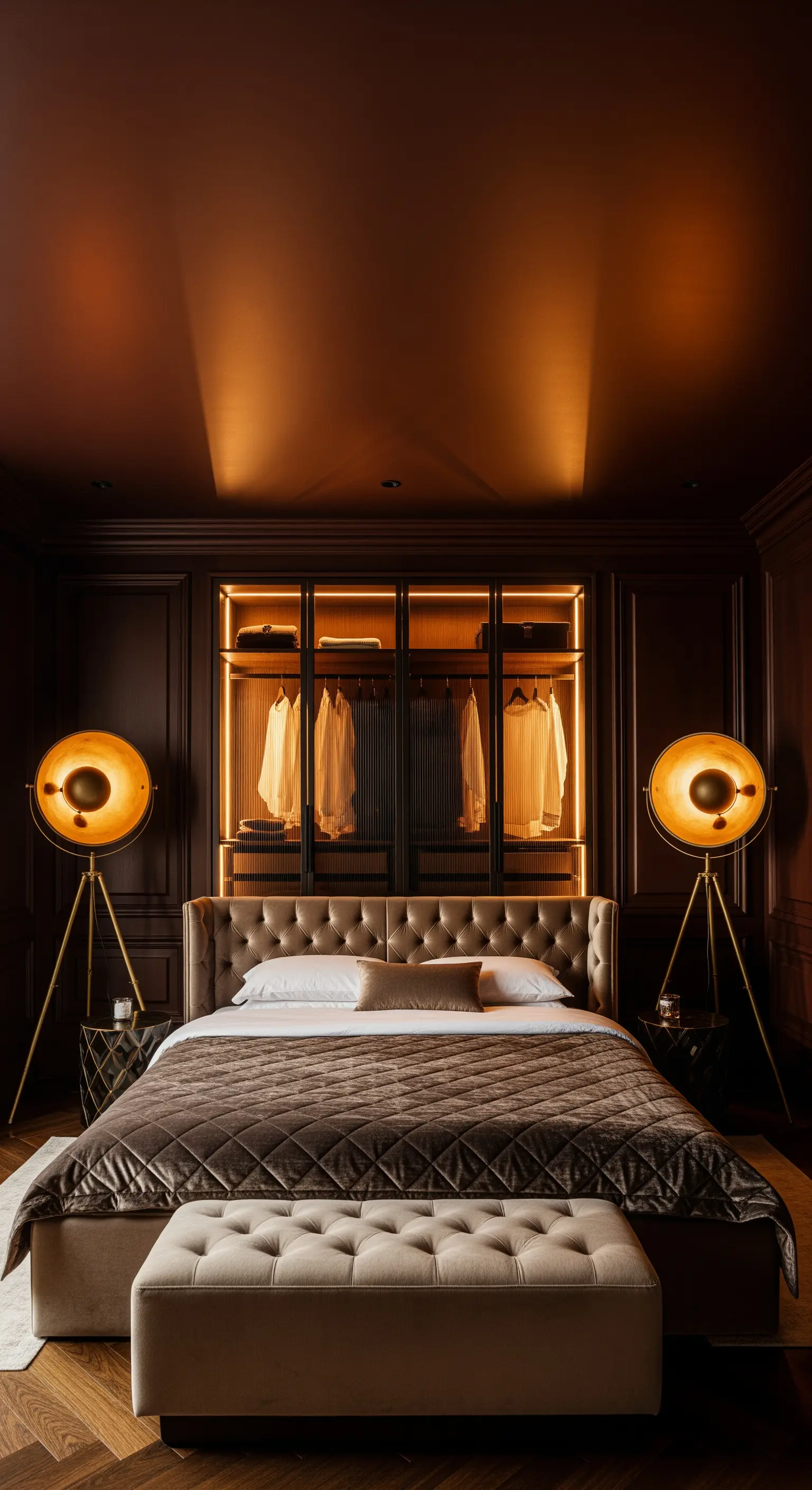 Beleuchtete Garderobe, Stehlampen, dunkle Wandpaneele