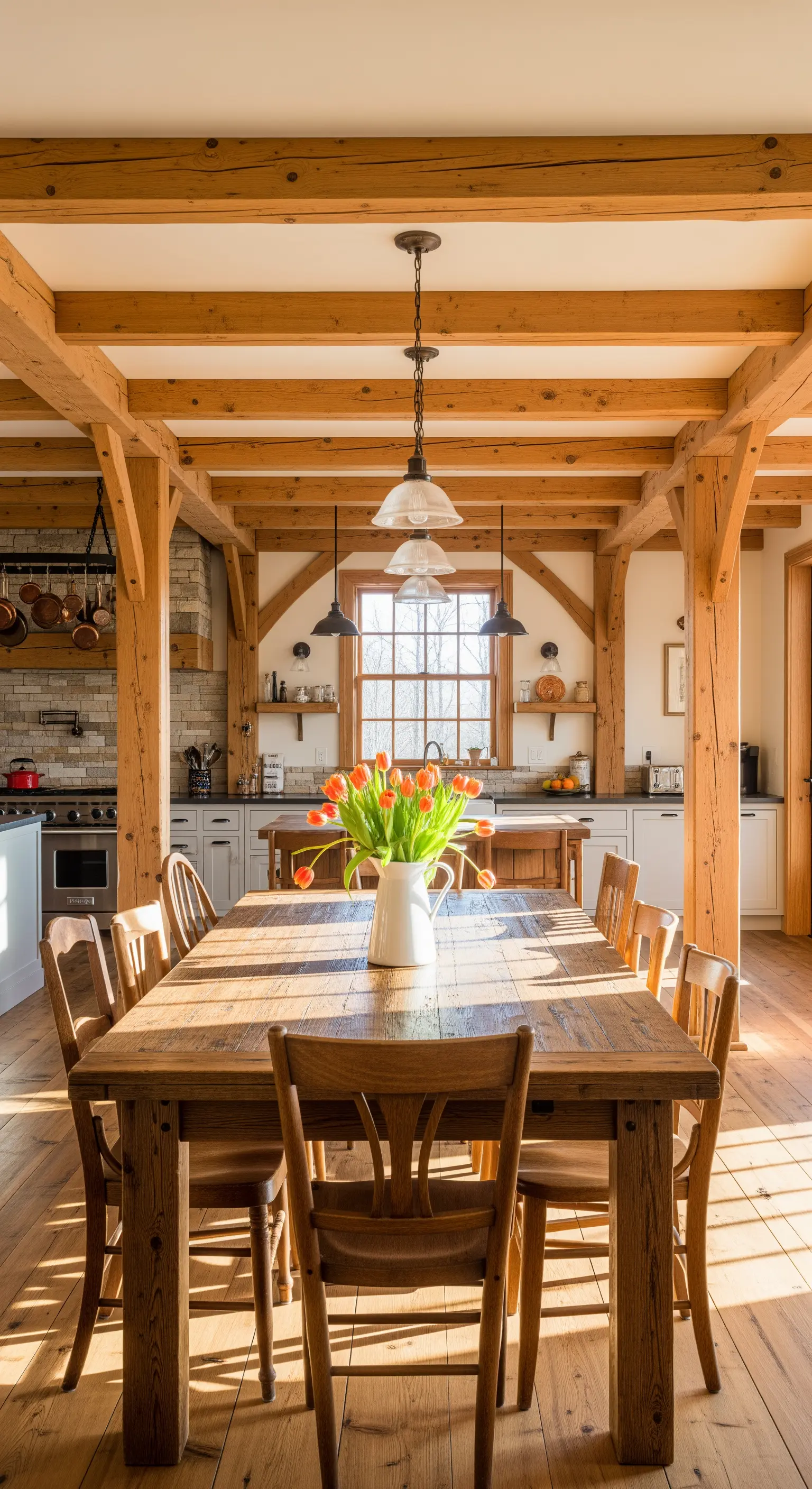 Orangene Tulpen in Krug auf Holztisch unter Holzbalken in Küche