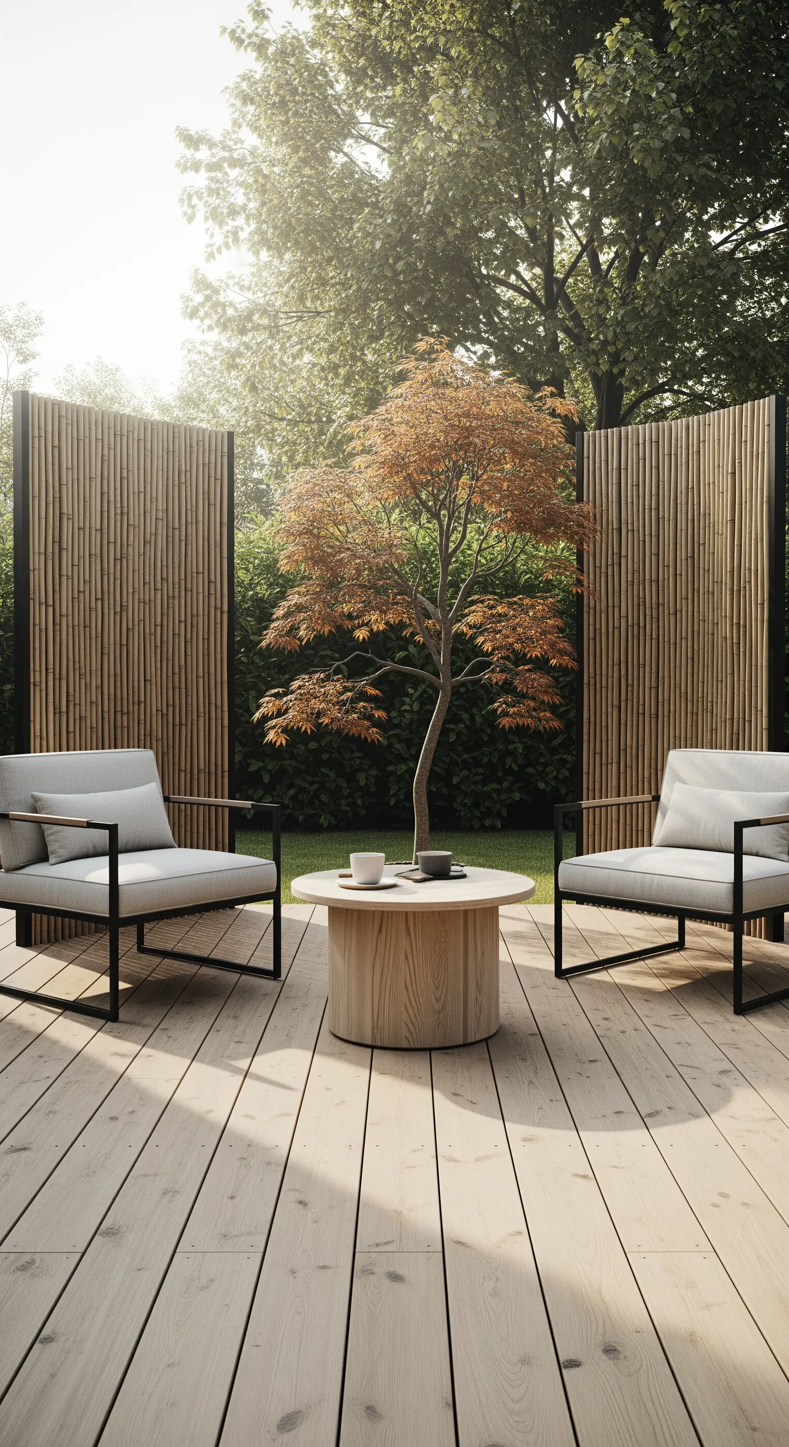 Japandi Kaffeeecke mit Bambus-Sichtschutz und minimalistischen Sesseln
