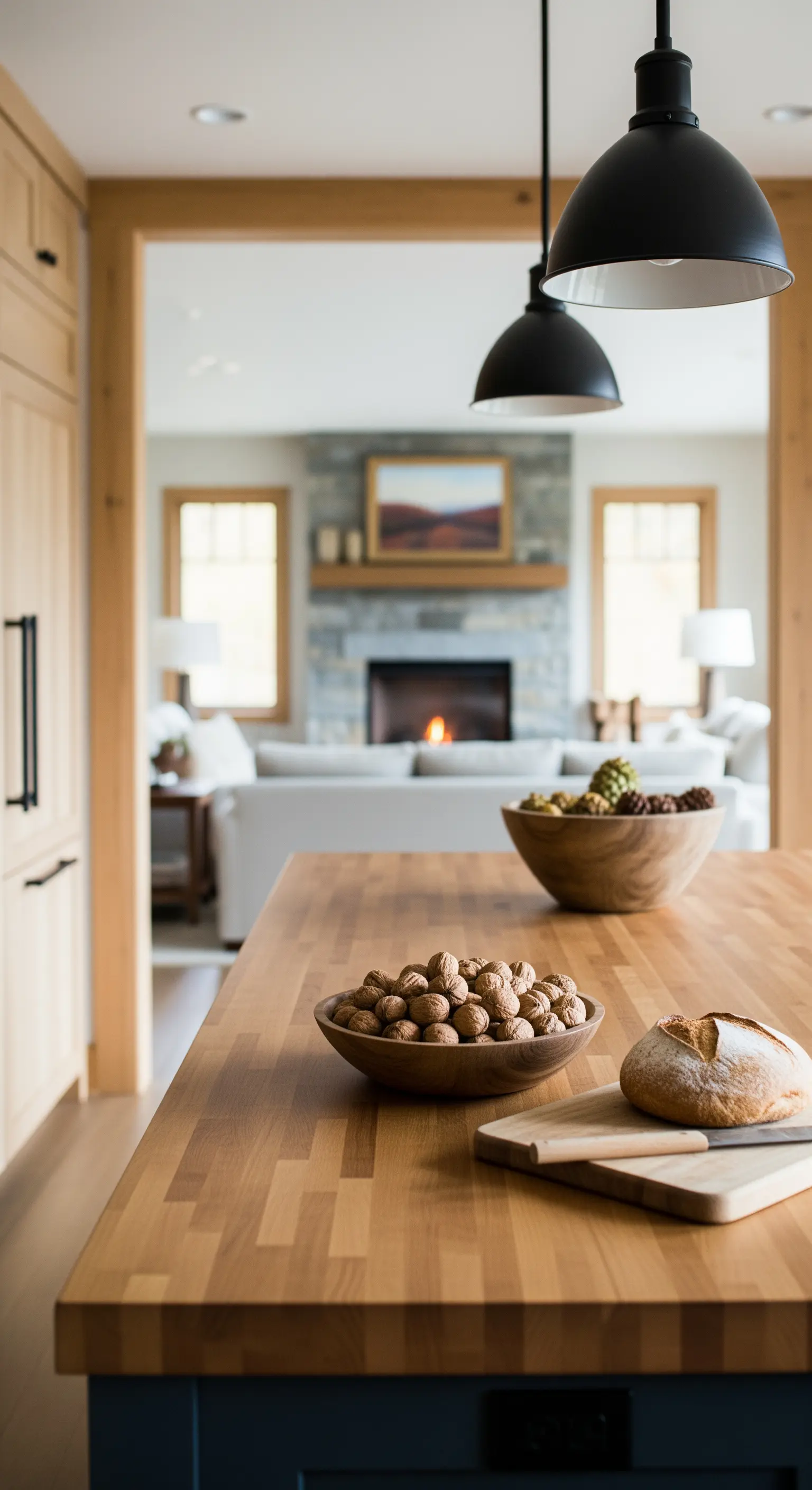 Kücheninsel, Walnüsse, Kiefernzapfen, Brot, offener Wohnraum, Kamin