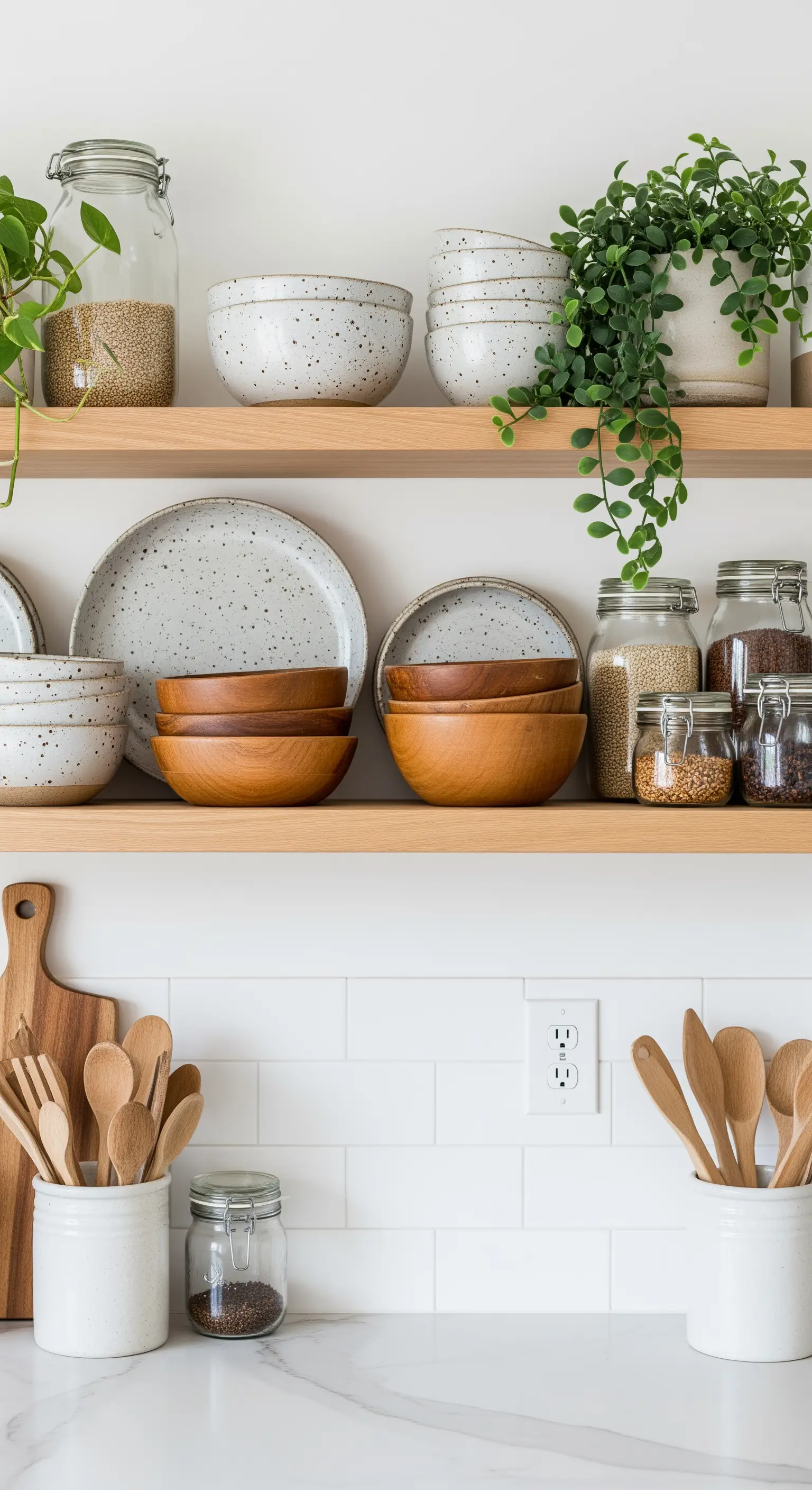 Offene Holzregale in der Küche mit gestapeltem Keramikgeschirr und Gläsern mit Lebensmitteln.